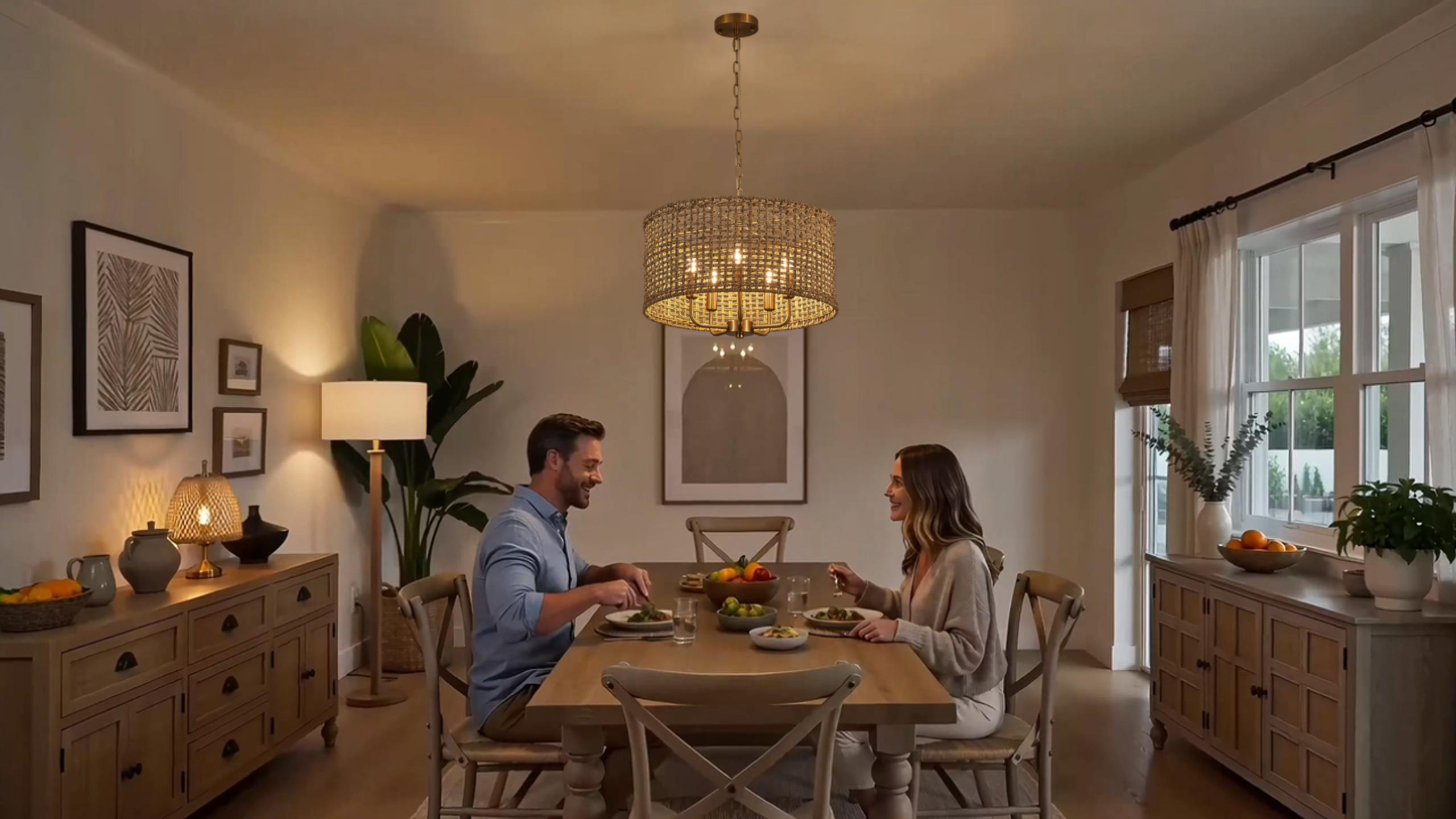 Image of 19.7 inch Gold Rattan Chandelier, 5-Light Boho Wicker Light Fixture | Hand-Woven Rattan Pendant Light; Adjustable Chain; Farmhouse Basket Drum Chandeliers for Dining Room, Kitchen Island, Bedroom