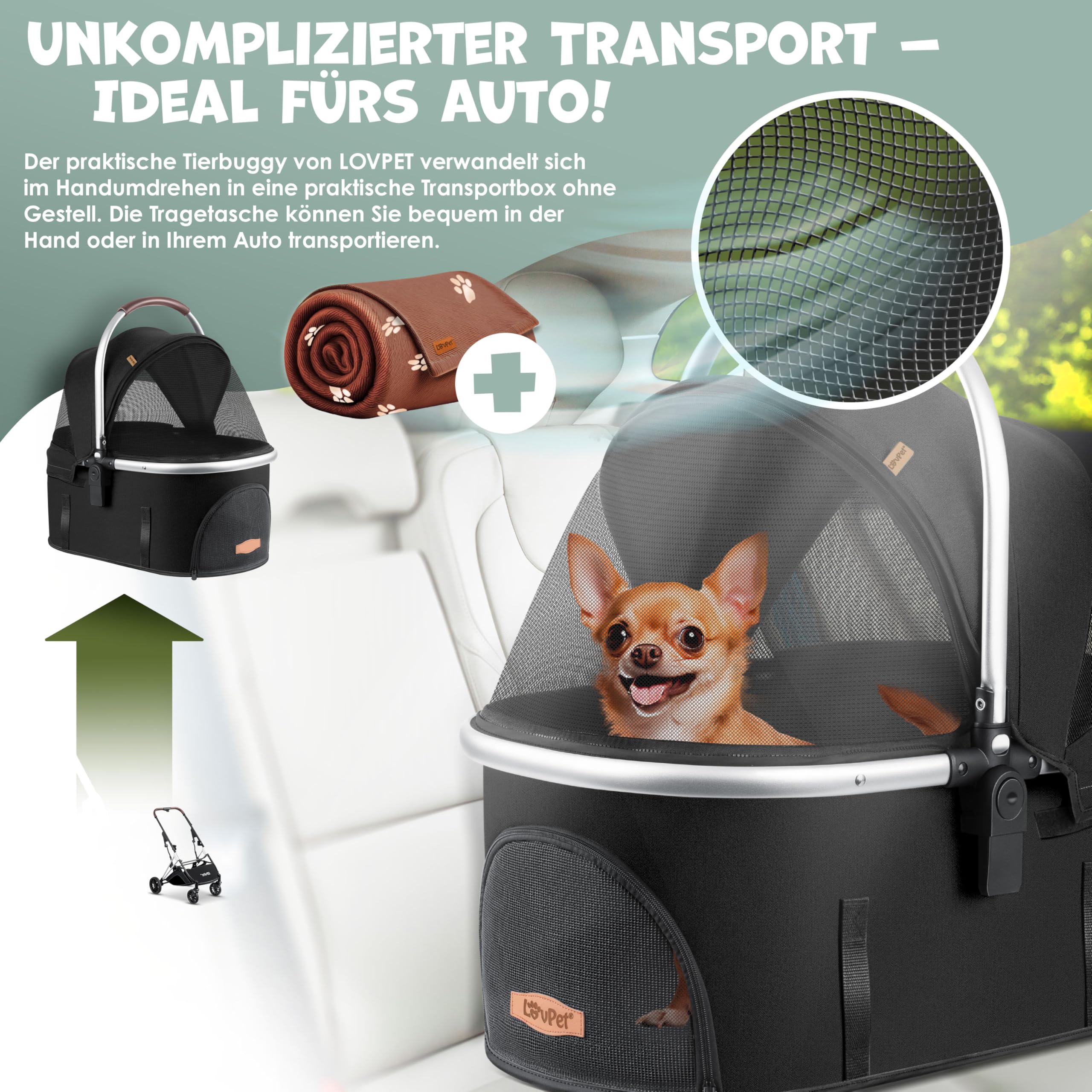 LOVPET® Passeggino per cani 3 in 1, borsa per il trasporto per cani di piccola taglia, pieghevole a 360°, con finestre a rete e copertura antipioggia, per cani di piccola taglia e gatti