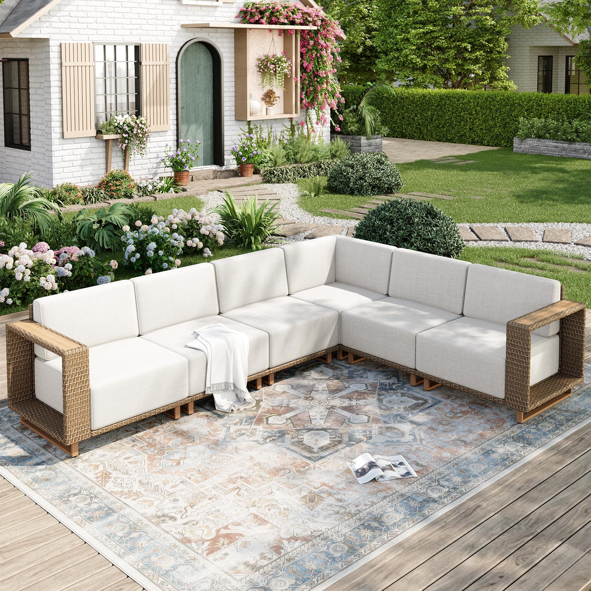 MIXPATIO Patio Furniture Set, 6 Piece Outdoor Sectional Yellow Rattan Wicker Sofa Couch, L Shaped Outdoor Conversation Sets with 10" Extra Thick Cushions, Low Profile Deck Backyard Lawn Furniture