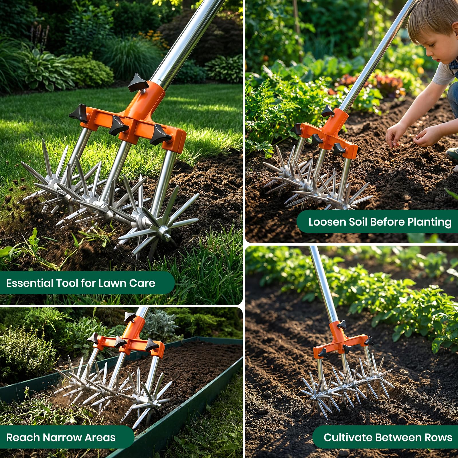 Kreiselgrubber, Garten Kultivator mit Einziehbarer 173cm-Langstiel Sternfräse Garten mit Abnehmbaren Zinken Edelstahl Gartengrubber Rotary Cultivator Garden Rotary Tiller zur Bodenmischung