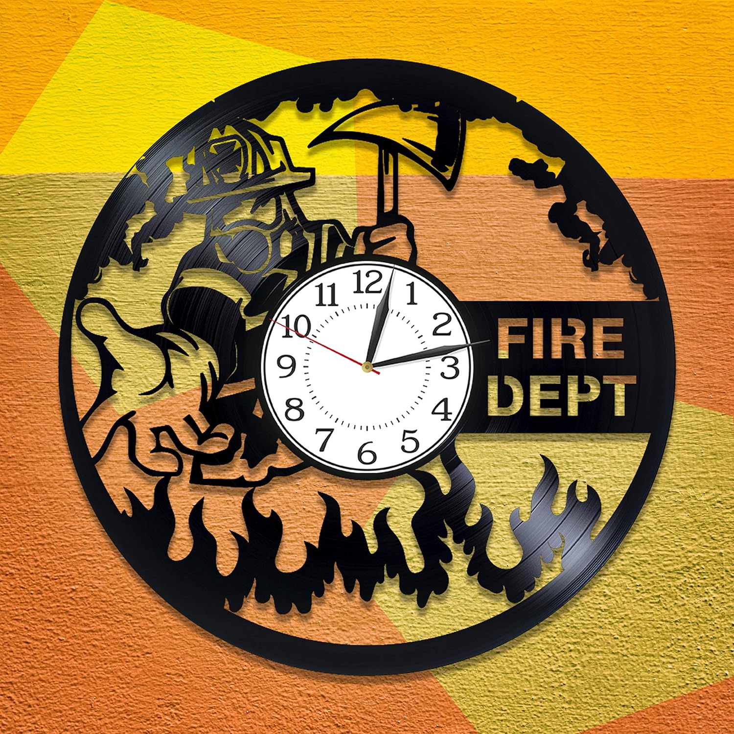 Fire Department Vinyl Clock 12 Inch for Man Profession Vinyl Record Wall Clock Firefighter Original Home Decor Fire Department Handmade Clock Profession Birthday Gift for Boy