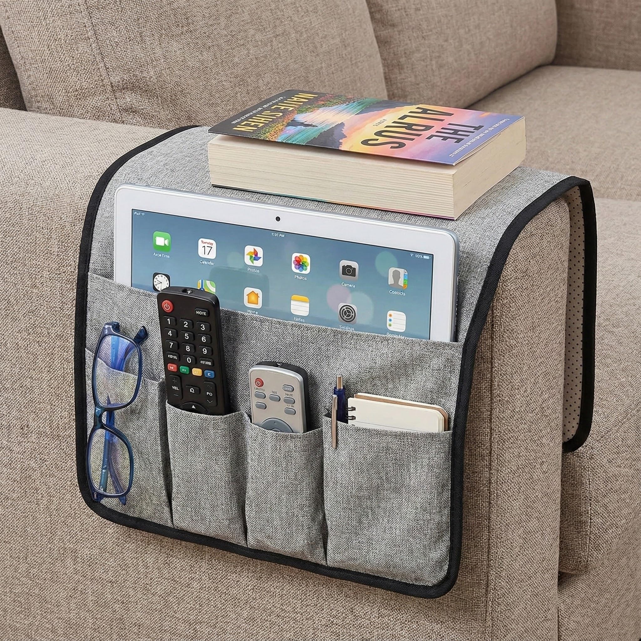 Volumoon Organizer na sofę, podłokietniki, antypoślizgowy, do zawieszenia fotela, 5 kieszeni, na telefon komórkowy, iPad, książkę, czasopisma, pilot do TV, tablety, okulary (kolor szary)