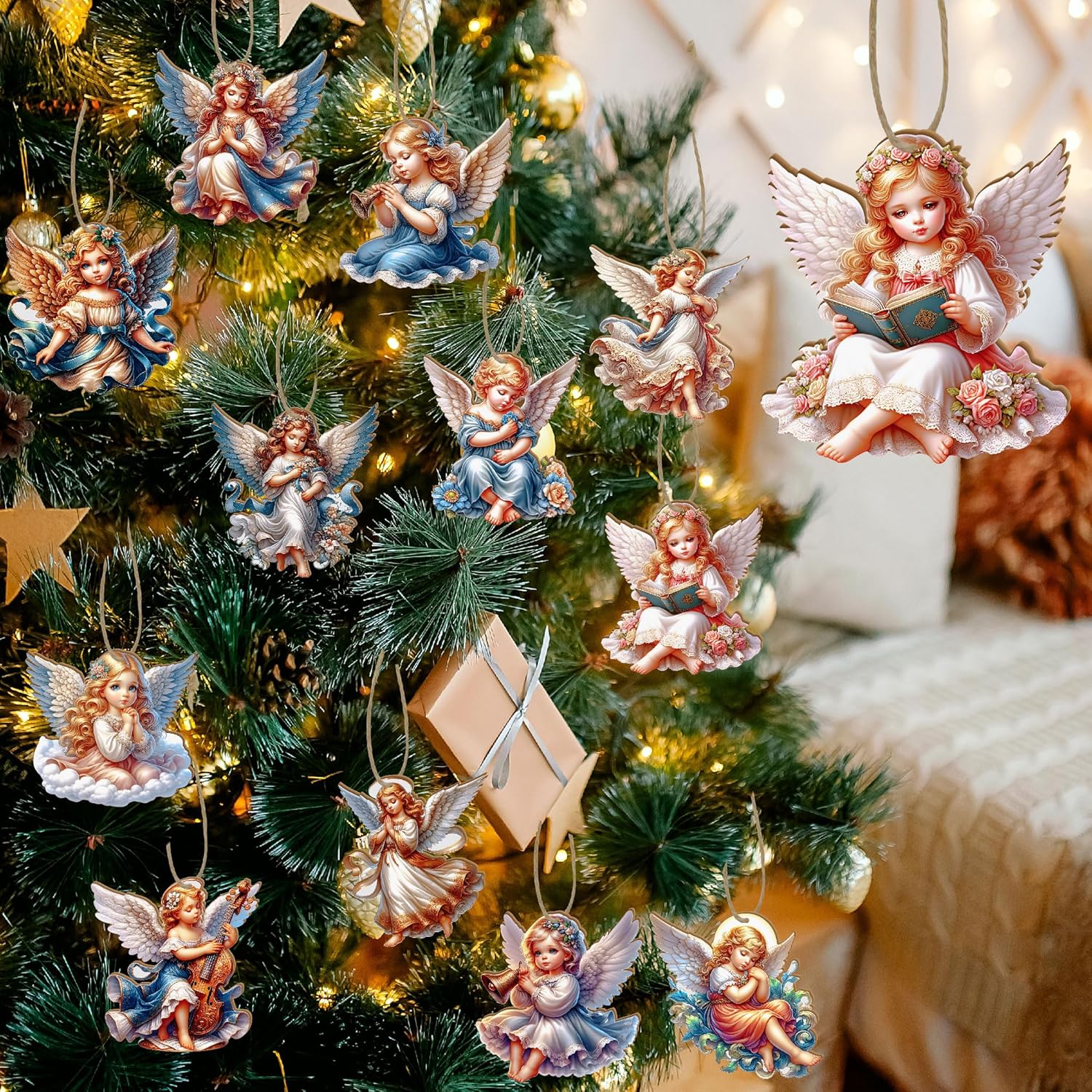 36 Pcs Wooden Christmas Angel Ornaments Set,12 Unique Designs, Festive Tree Hanging Decor for Holiday Season - Image 4
