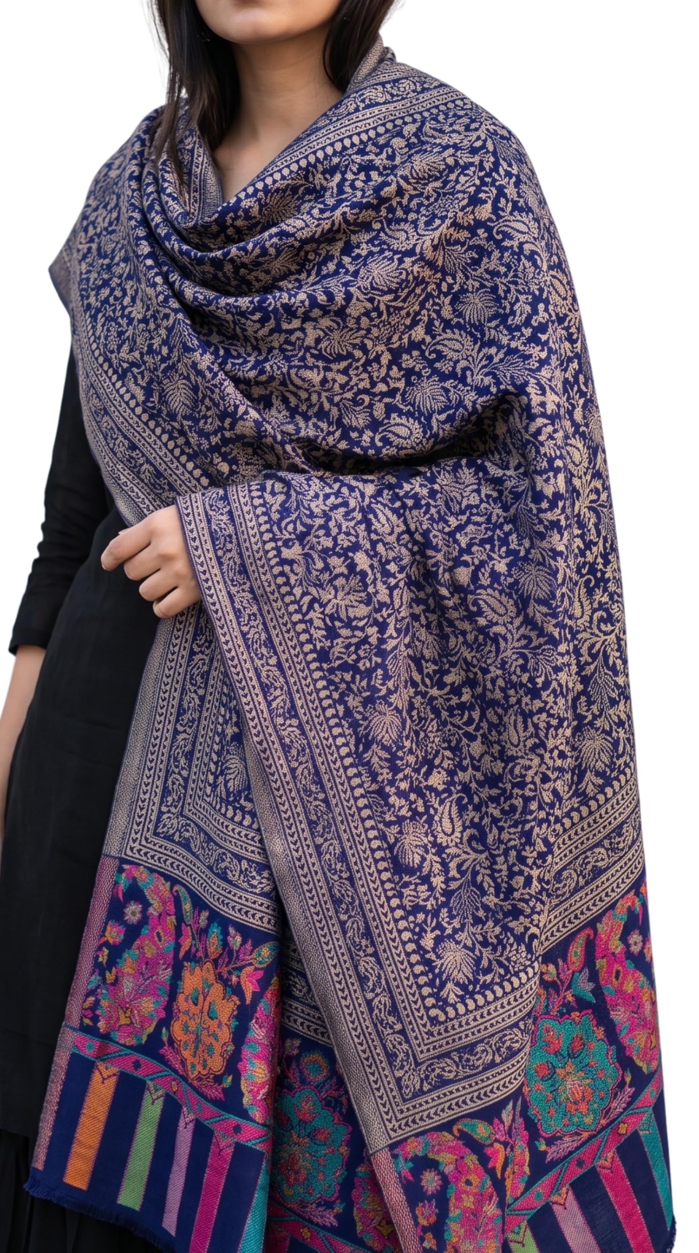 Women's Jacquard Woven Shawl - Deep Navy Blue & Gold Floral Winter Wrap, Oversized Scarf Stole with Vibrant Paisley Border-picture-26