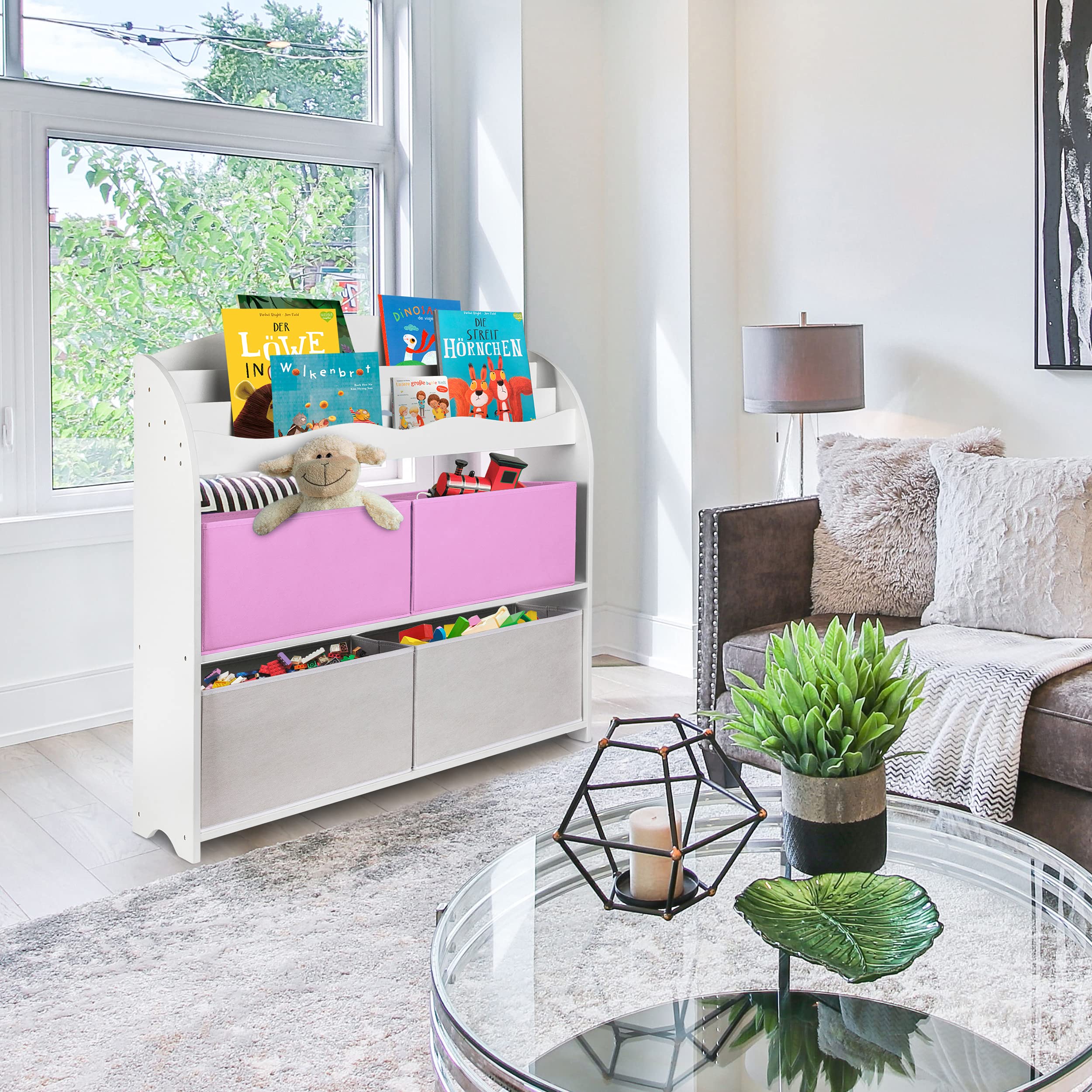 ONVAYA® Kinder-Bücherregal Finn Weiß | Kinderregal mit Boxen | Aufbewahrung von Büchern und Spielzeug | Organizer für Kinderzimmer (Bücherregal Rosa)