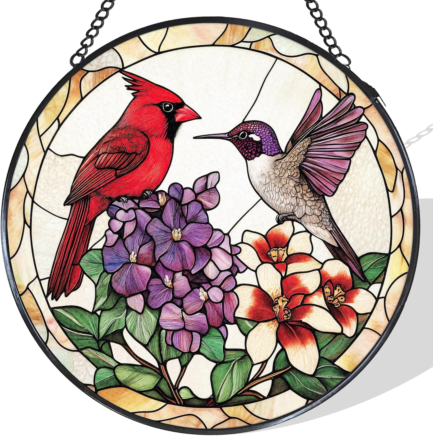 Cardinal Hummingbird Stained Glass Window Hanging Suncatcher, Flower Bird Sun Catcher Indoor Window Decor, Birds Lover Gifts Painted Glass Round Wall Hanging Decorations, 7.8x7.8 in