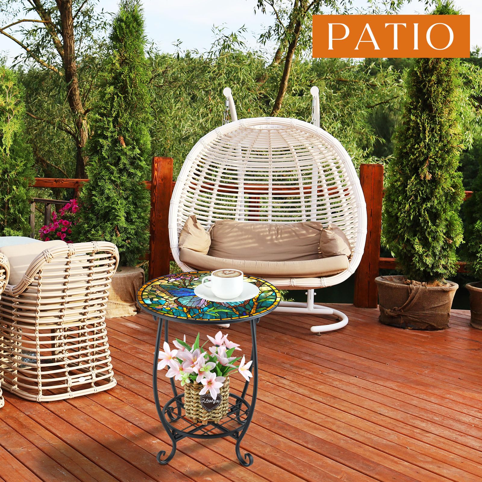 Mesa auxiliar redonda para exteriores, mosaico pequeño, decoración de patio, planta de metal, mesa de té para patio, porche, jardín, patio, sala de estar, dormitorio (estilo mariposa, 14 4