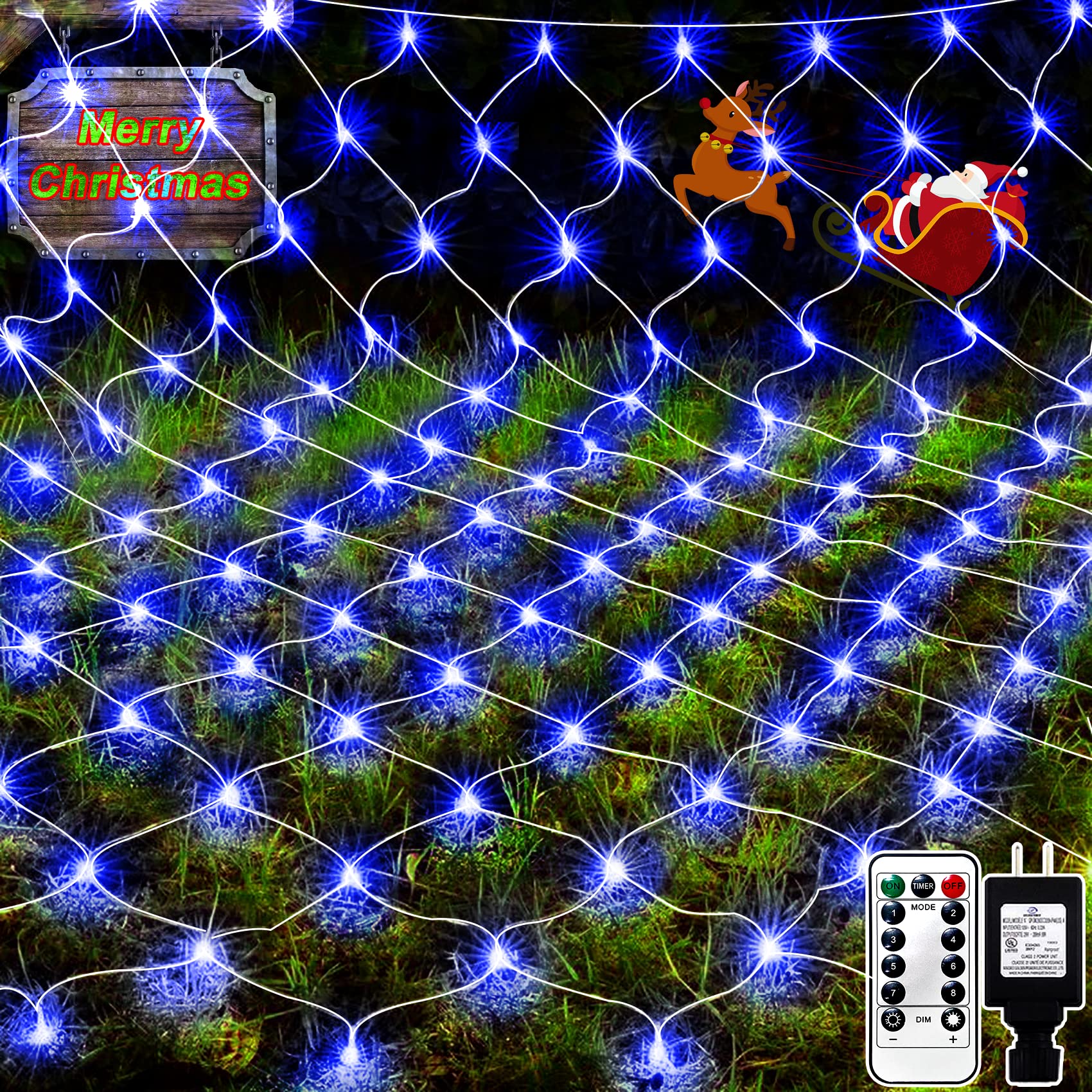Christmas Net Lights Decorations Outdoor 200 LED 9.8ft x 6.6ft Tree Wrap String Lights with 8 Modes Remote Fairy Twinkle String Lights for Lawn Bush Party Yard Garden Decor (Blue)