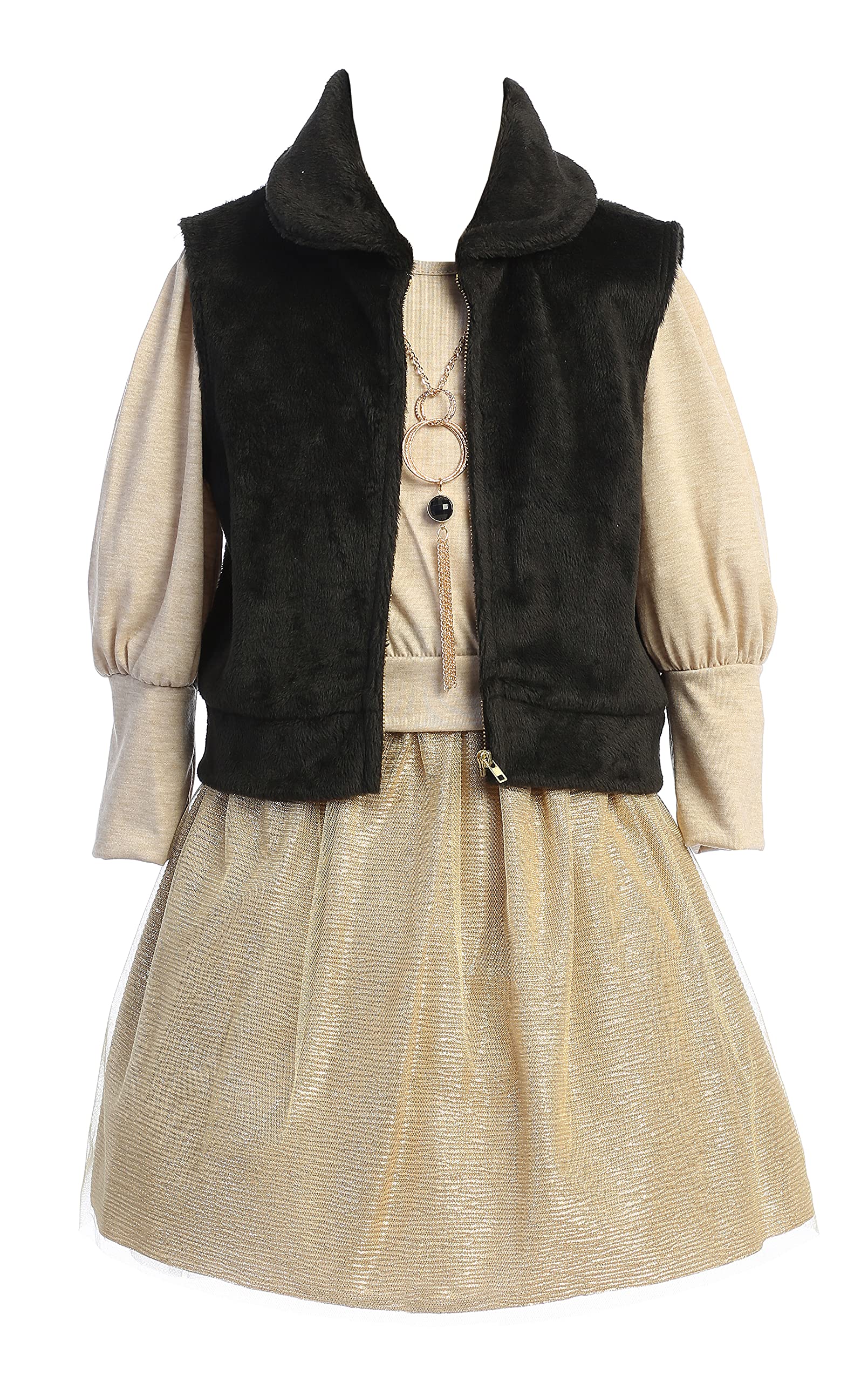 Little Girls Ivory Long Sleeve Top, Fur Vest, Gold Glitter Skirt 4PCS Set Outfit USA #2196 Size 6