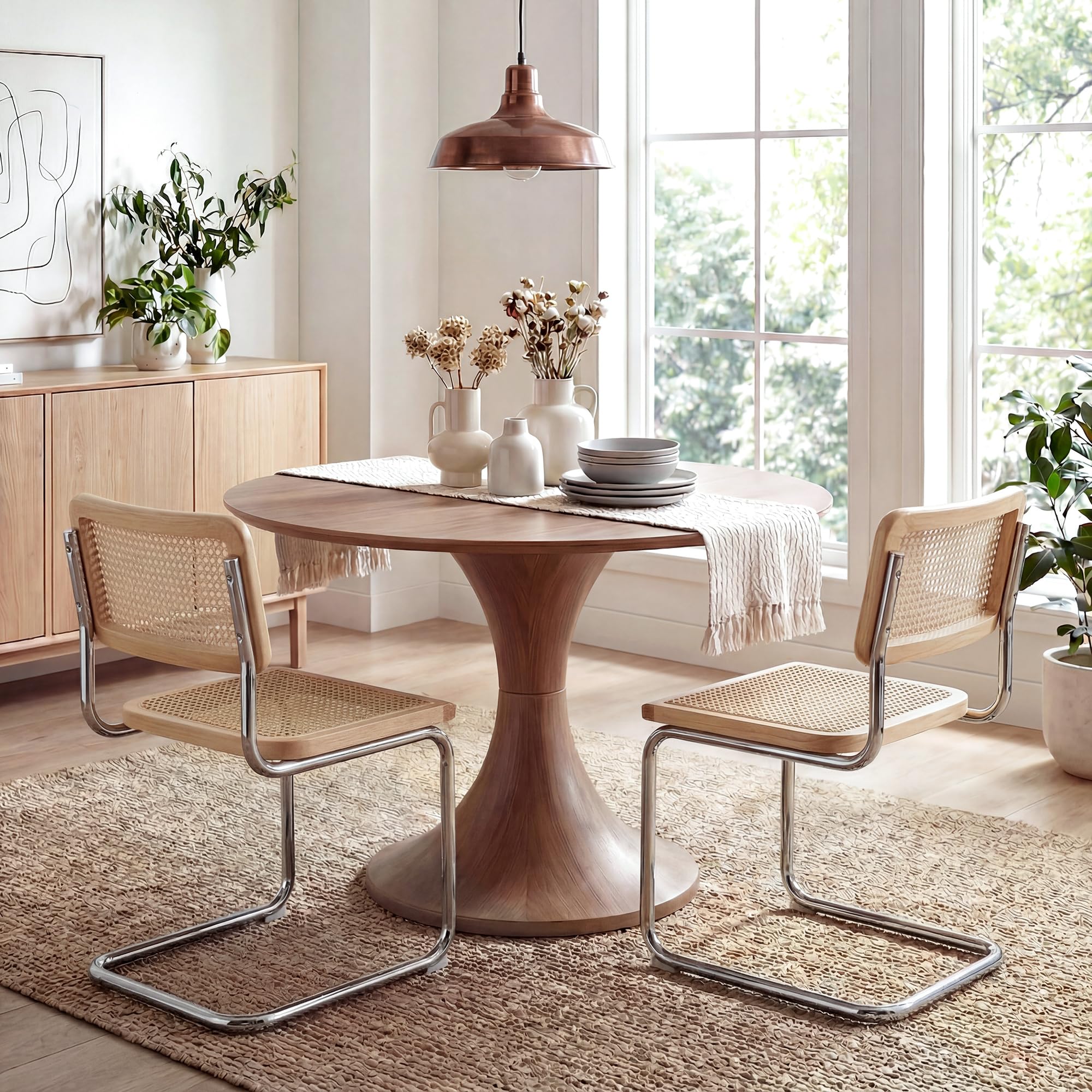 Rattan Cantilever Dining Chairs Set of 2, Boho Modern Dining Chairs with Rattan Back, Curved Steel Base for Kitchen, Living Room, Natural