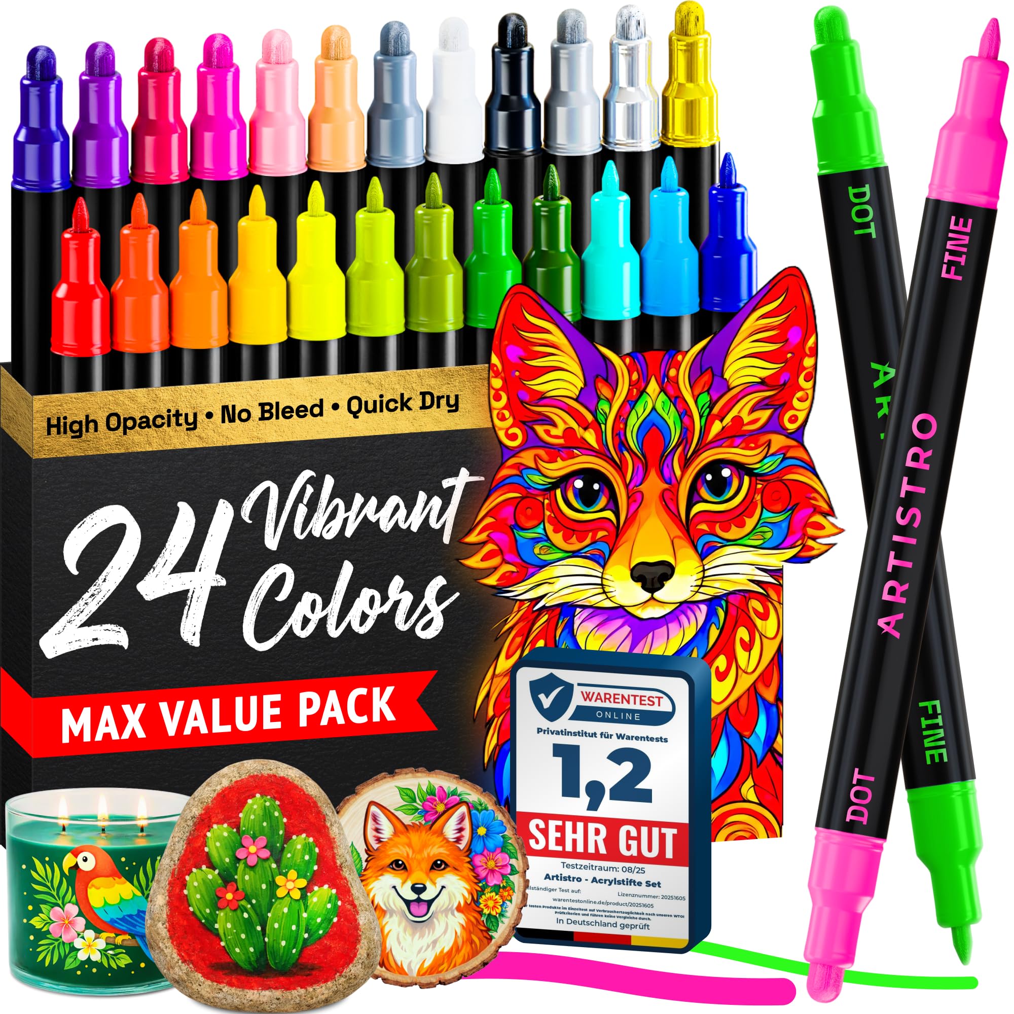 ARTISTRO 24 Acrylstifte Dual-Tip Rund+Fein für Stein, Glas, Holz & Stoff | Präzise Acrylmarker für Malbücher & feine Muster, wasserbasiert zum Bemalen & Ausmalen, Kreativ-Geschenk