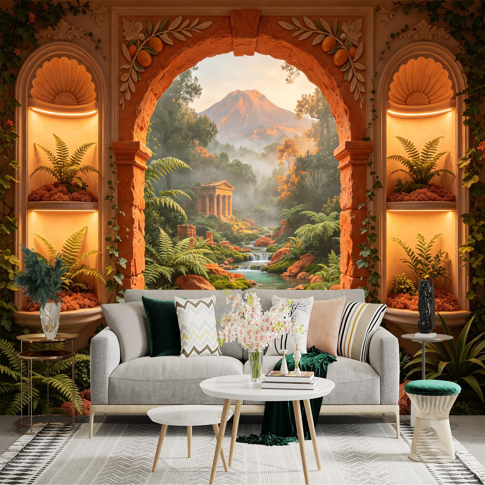 Custom Size Wall Sticker Mural， Ancient Temple Landscape with Waterfall， Mountain and Lush Garden， for wall Decoration， peelandstick wall Decals.