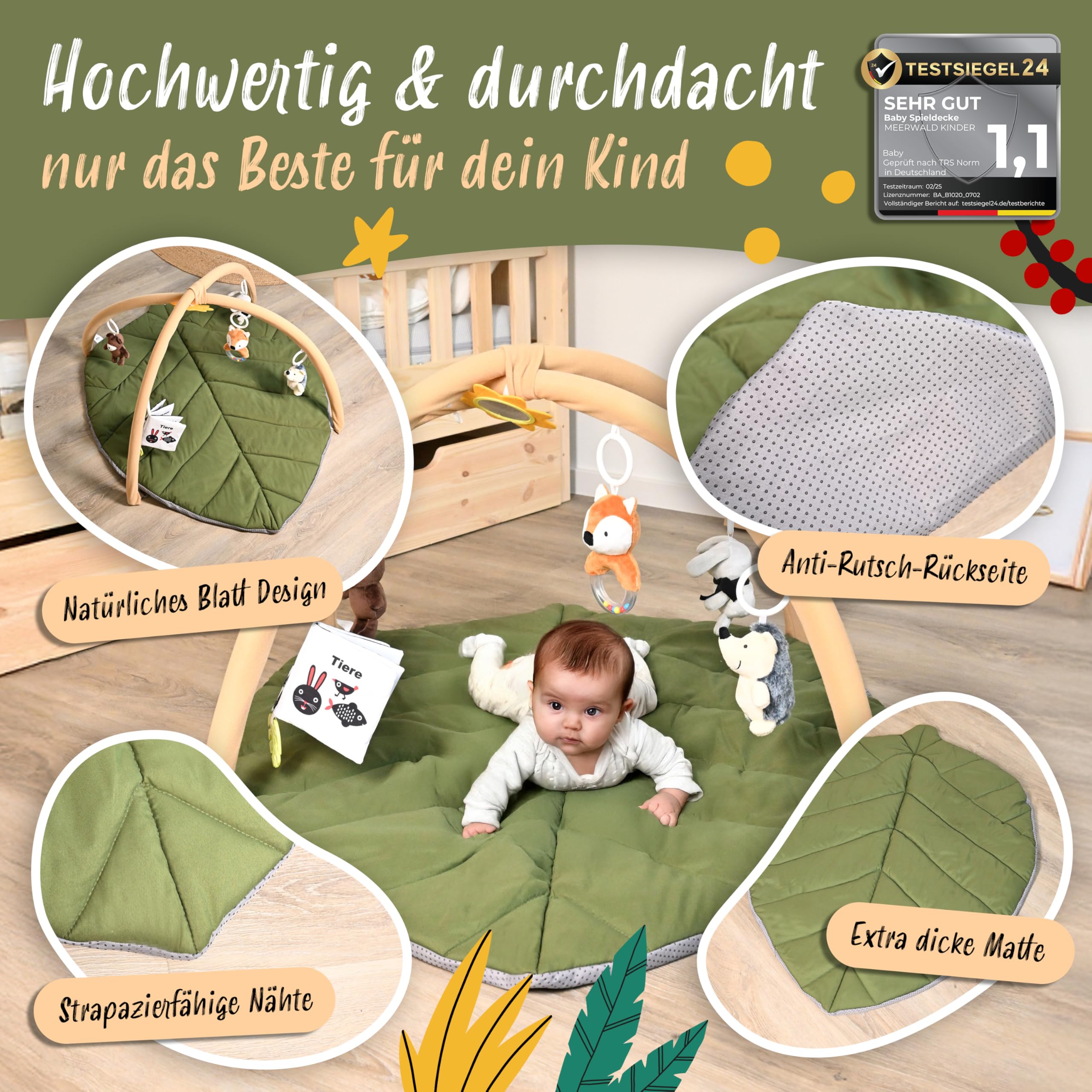 Premium Spielbogen Baby XXL waschbar mit 6 Montessori Sensorikspielzeugen, Meilensteinkarten, Spieldecke, Spielebogen, Baby Play Mat, Play Mat for Babies, Krabbeldecke mit Spielbogen