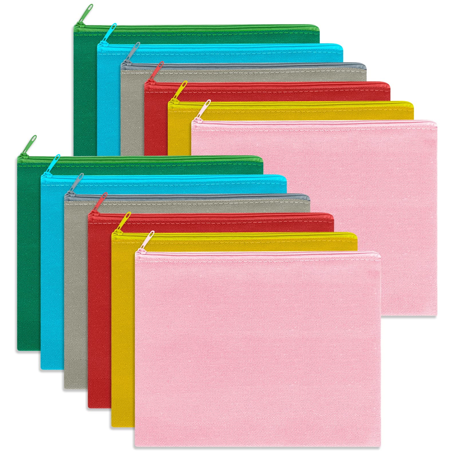 Sinzip 12 Pieces Cotton Canvas Makeup Bag, Multipurpose Cosmetic Bag with Zipper Travel Toiletry Pouch, Blank DIY Craft Bag (Multicolored A, L)