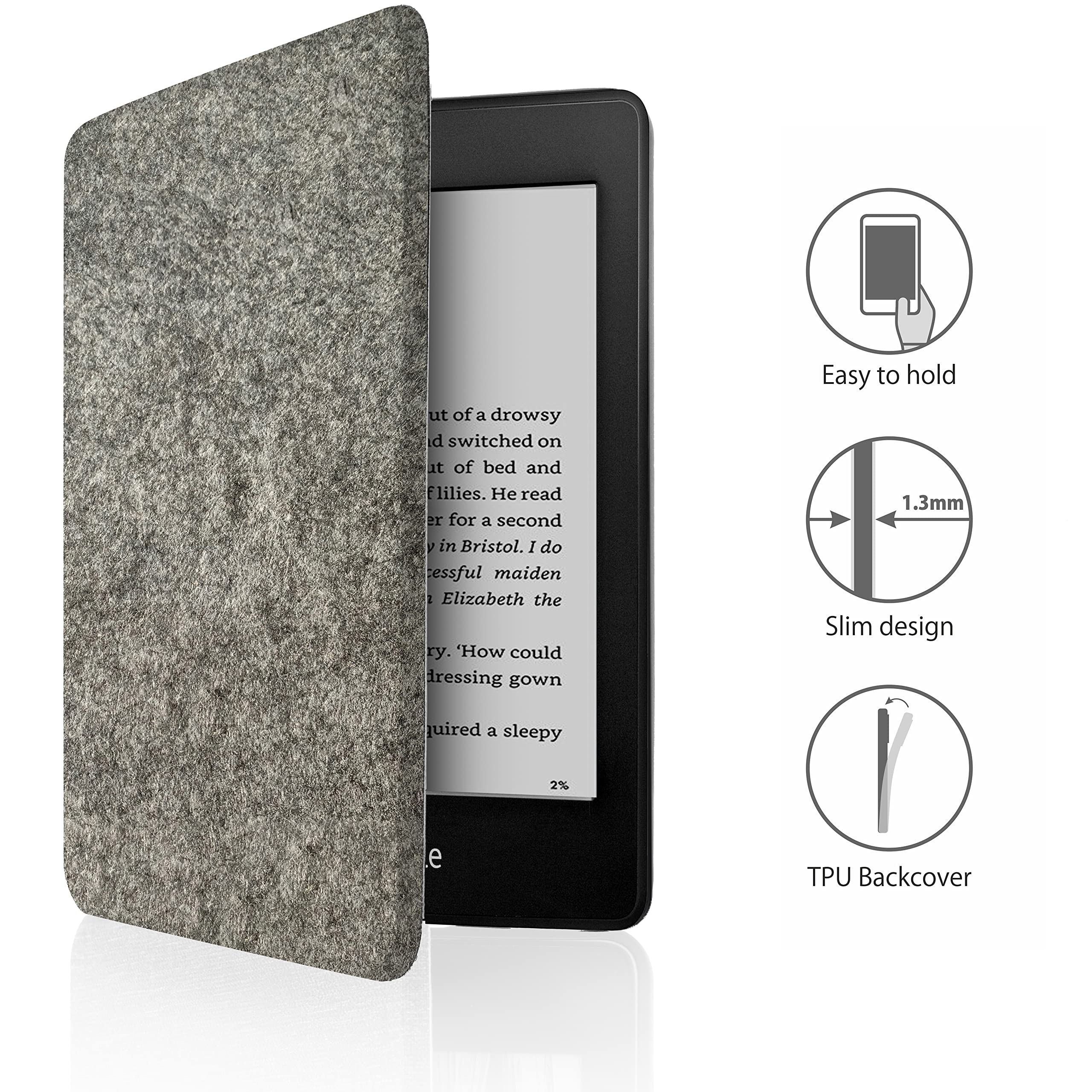 MyGadget Filcowe etui do Amazon Kindle Paperwhite 10. generacji (model 2018 - PQ94WIF - 6 cali) z paskiem na rękę i funkcją automatycznego uśpienia / budzenia - Flip Case w kolorze jasnoszarym