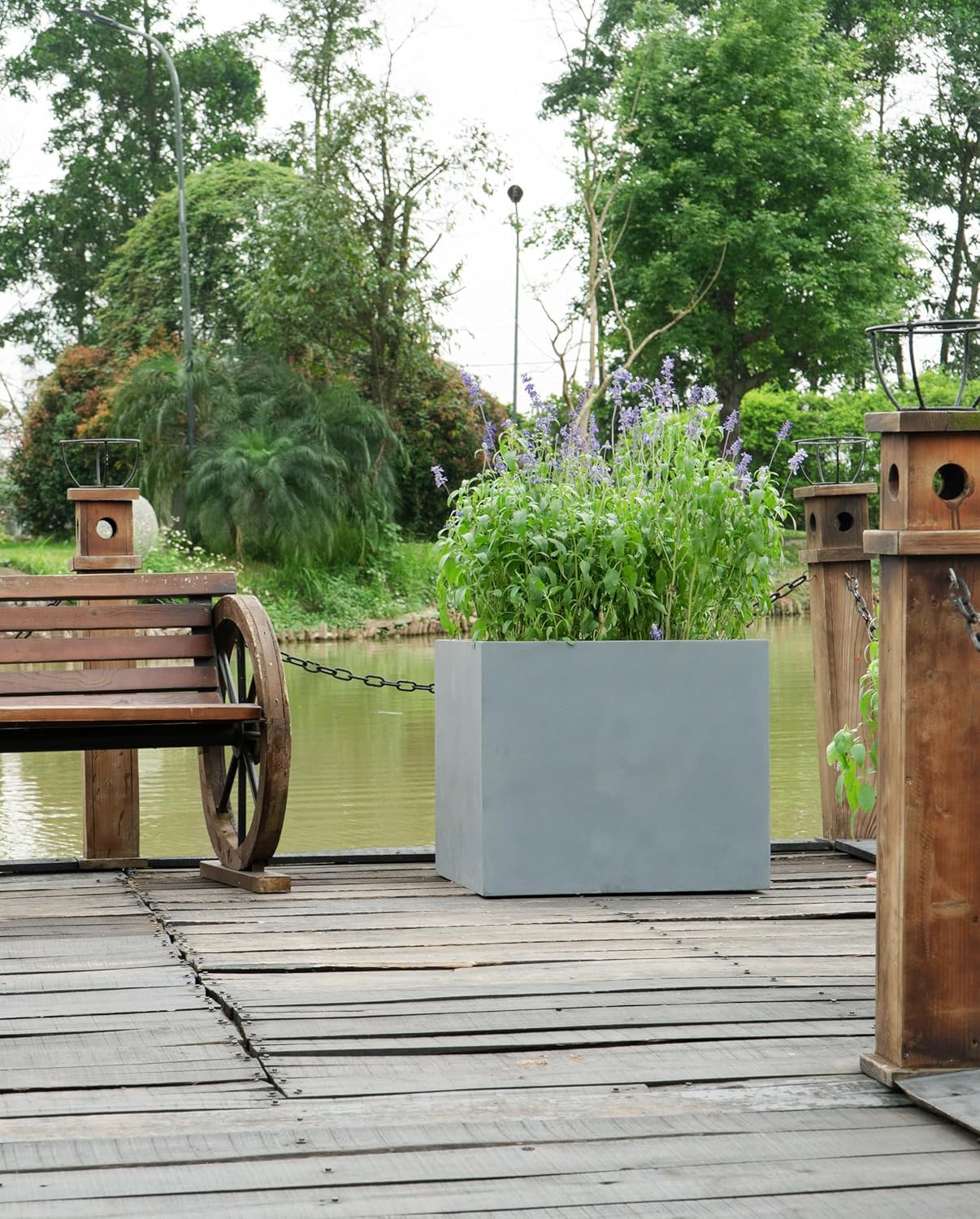 Pottery Pots Elegant Cement Gray Fiberstone Cube Planter Pot - Tree Bush Box Indoor Outdoor 12"x12"x12"