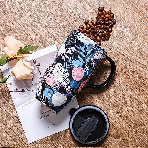 Miniatura 36 de DUSVALLY Taza de café de cerámica,Taza de té de 17 onzas,Taza de porcelana linda con mango y caja de color,Hortensia
