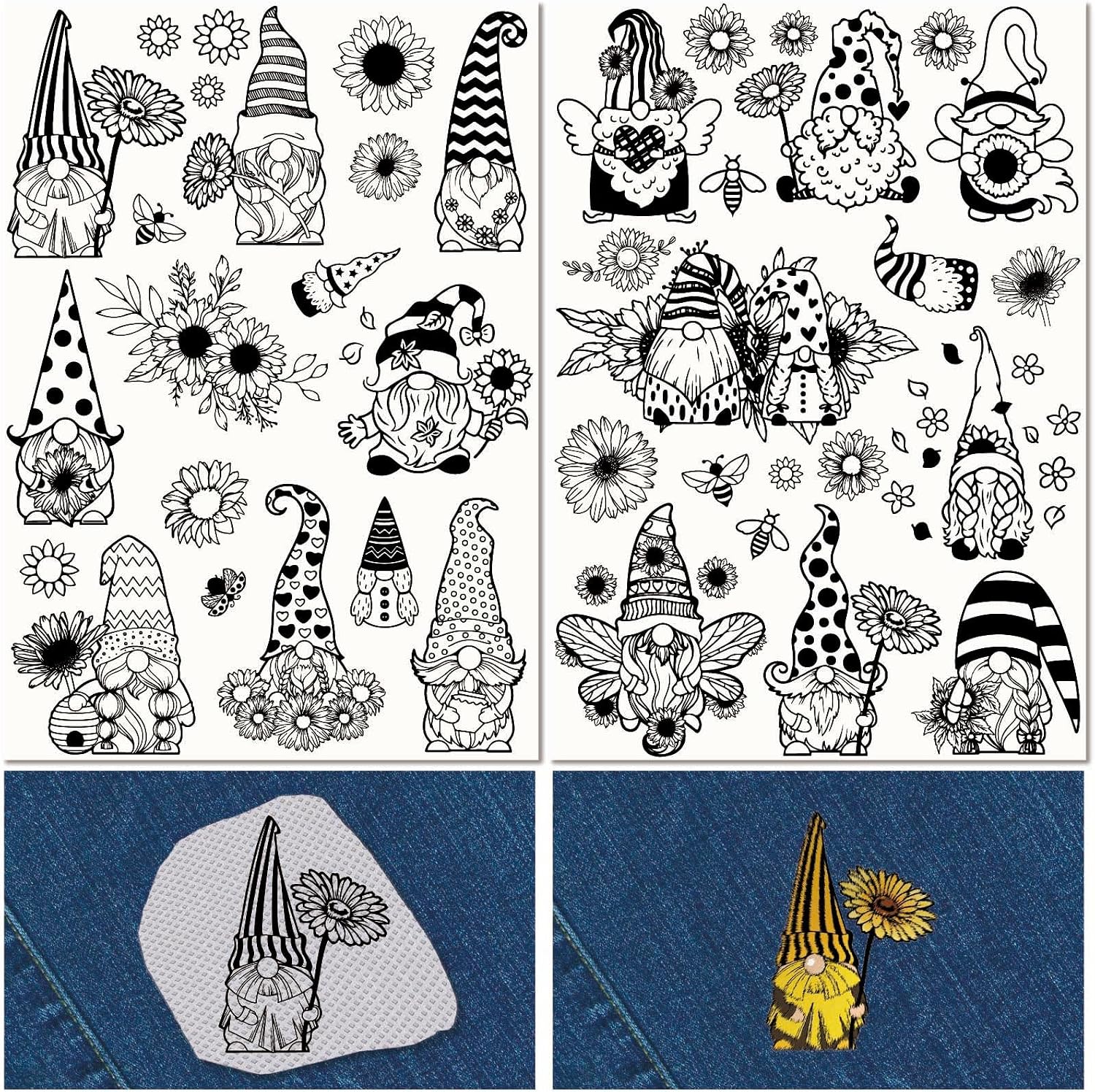 CRASPIRE 38Pcs Gnome Sunflower Water Soluble Embroidery Stabilizers Patterns Dwarf Spring Hand Sewing Stick and Stitch A4 Transfers Fabric Wash Away Pre-Printed Self Adhesive for Cloth Sewing Lovers