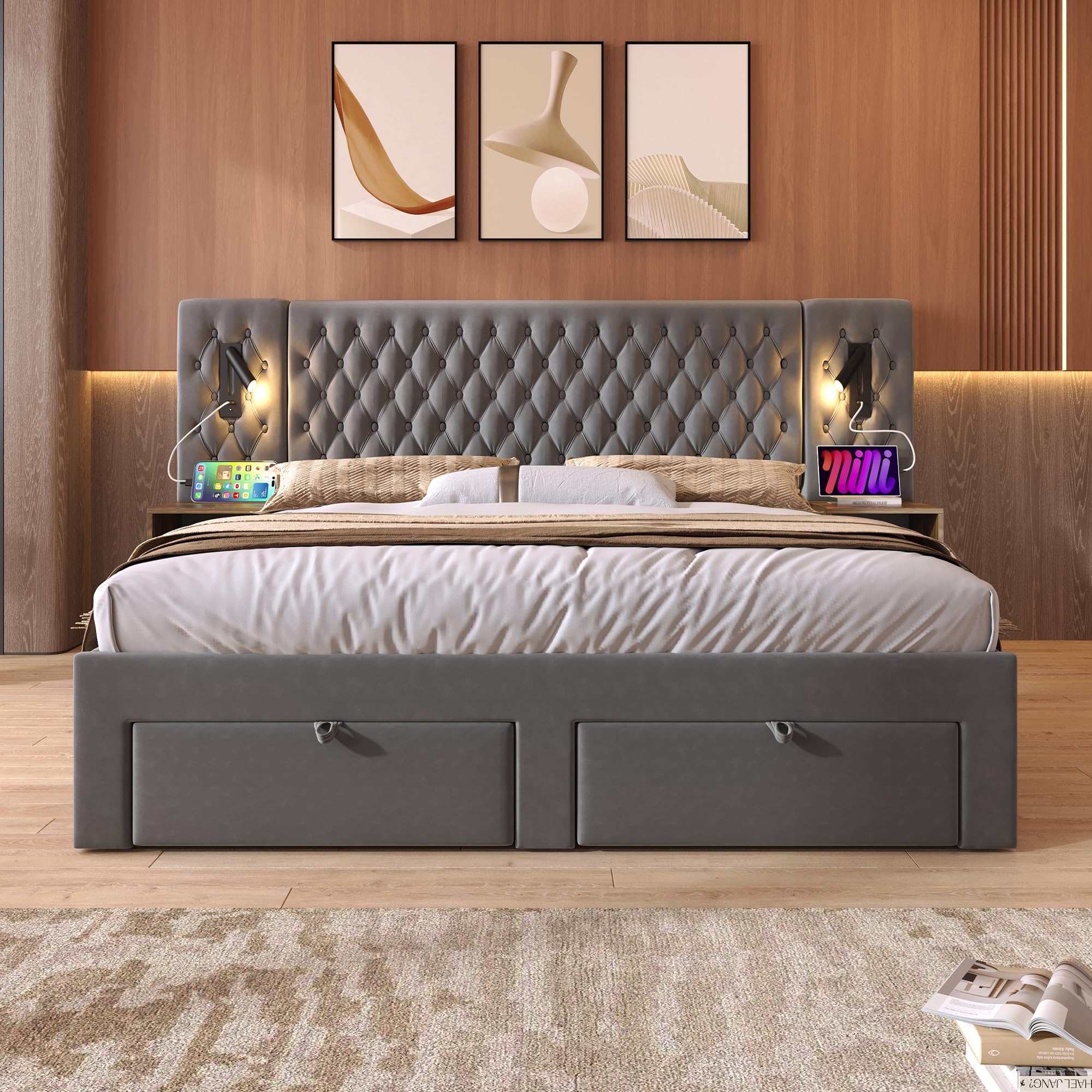 Zepneiy Lit 180x200 avec Sommier LED et USB et 2 Tables de Chevet, Lit Coffre 180x200 avec 4 Tiroirs et Tete, Lit Double avec à Lattes 2 Personnes, Lit Rembourré Cadre de Velours (sans Matelas)