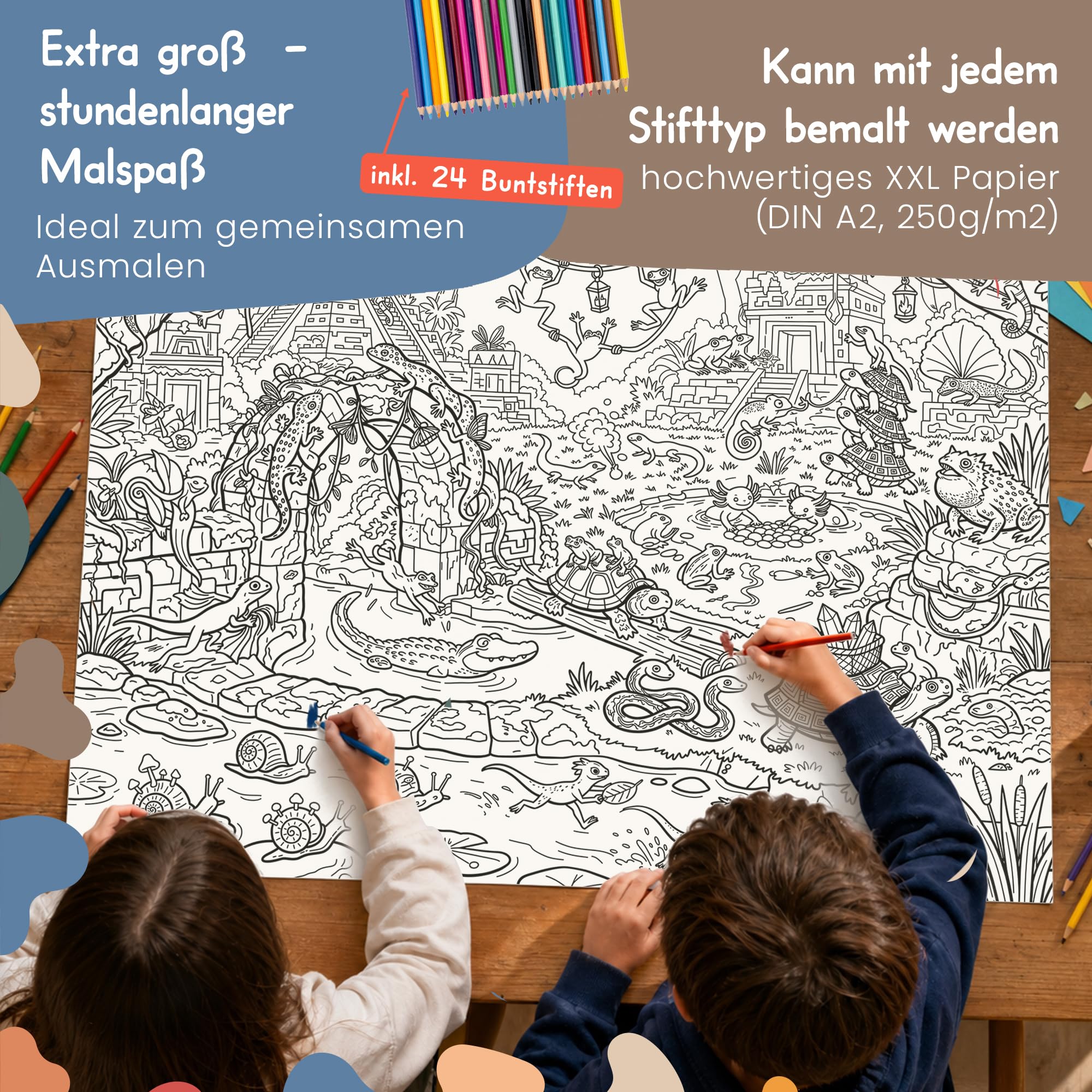 5 x plakat XXL do kolorowania z 24 kredkami, gadami od 5 lat