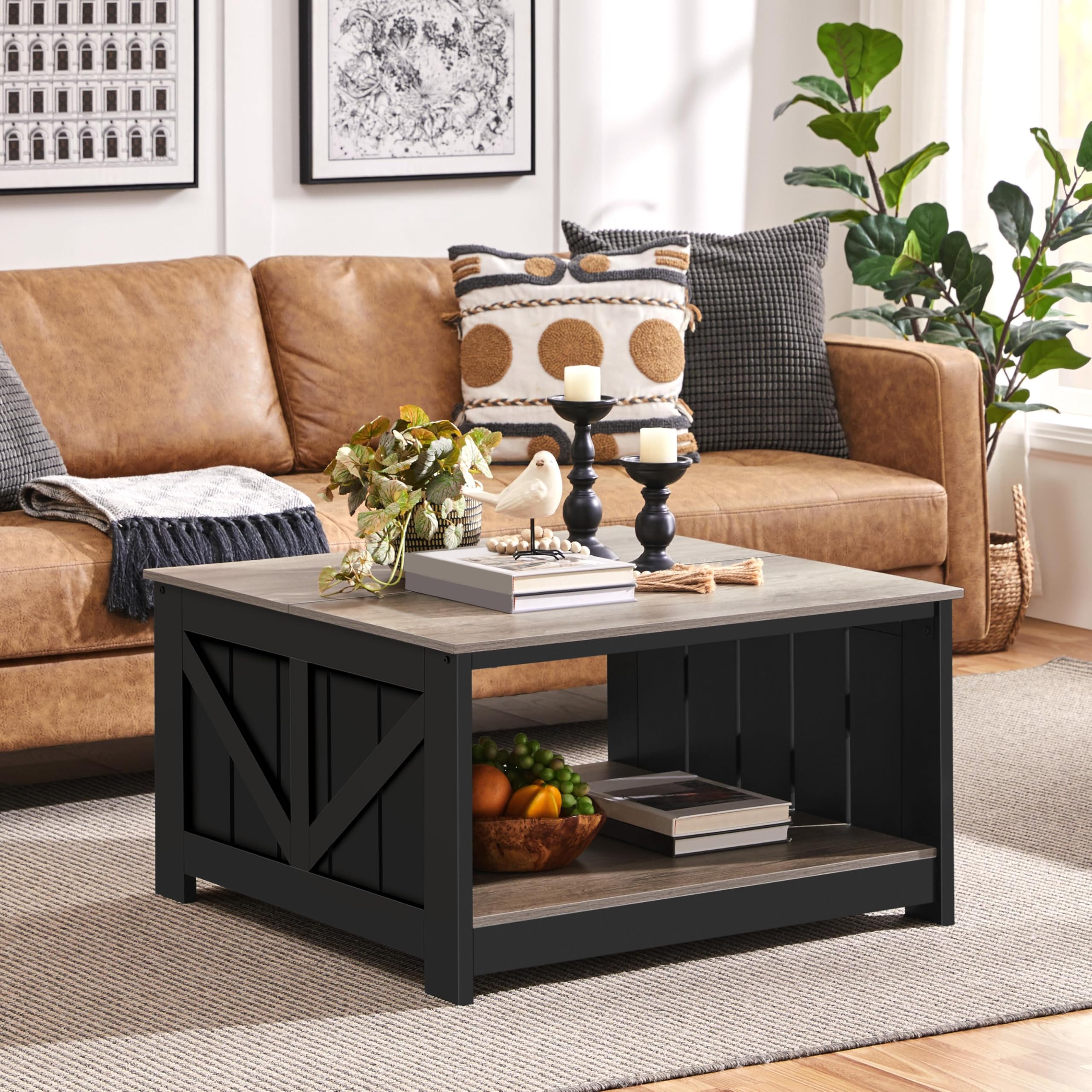 Yaheetech Mesa de Centro con Revistero Mesita Baja Sofá | Mesa de Café de Madera MDF para Salón Sala de Estar Negro Gray 80×80×45 cm