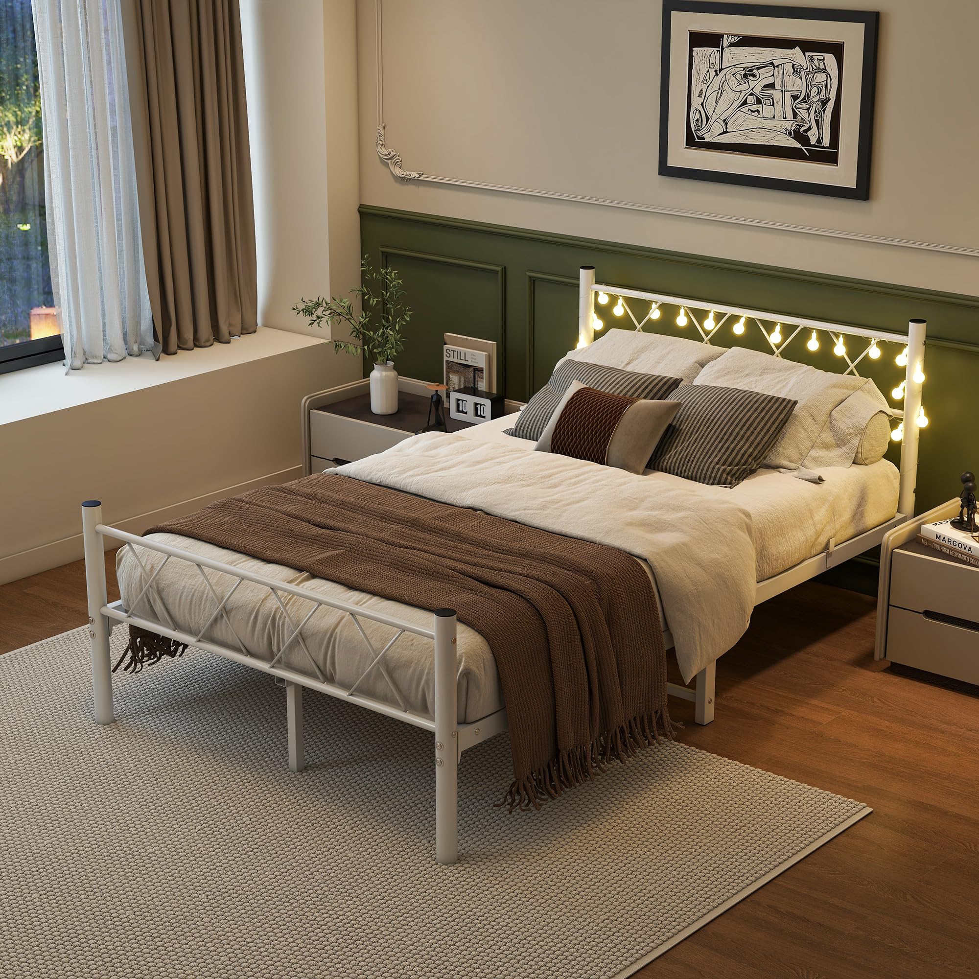 HOJINLINERO Bettgestell 120x200 mit Beleuchtung,Bett 120x200 mit Lattenrost,Bettrahmen Metall,Metallbett Doppelbett Gästebett Jugendbett mit Stauraum unter dem Bett für Schlafzimmer,Weiß