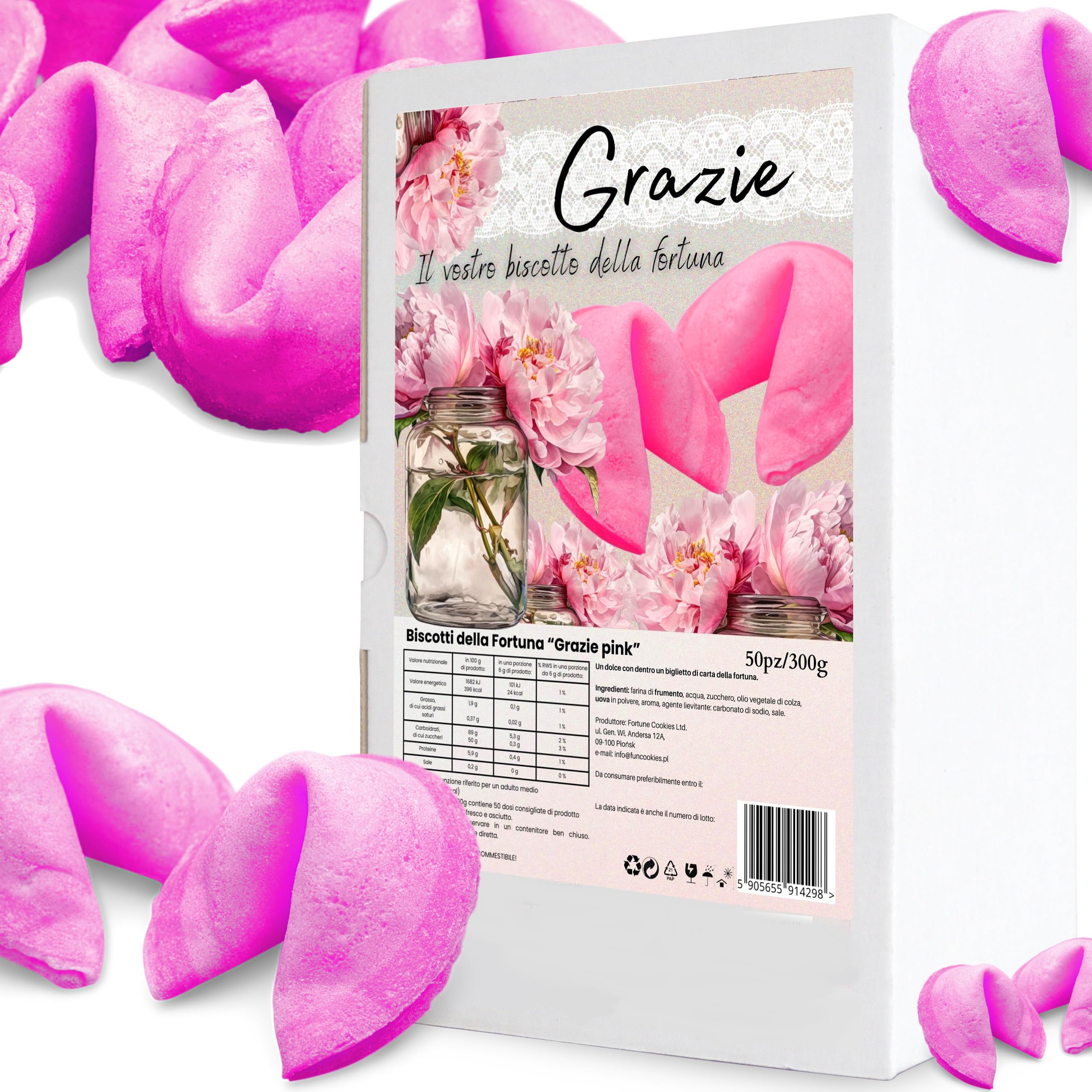 Biscotti della Fortuna Cinesi, Biglietti Profetici, biscotti rosa, Biscotti portafortuna "Grazie",come regalo, per gli ospiti, per una festa, Sapore Vaniglia (50 pezzi)