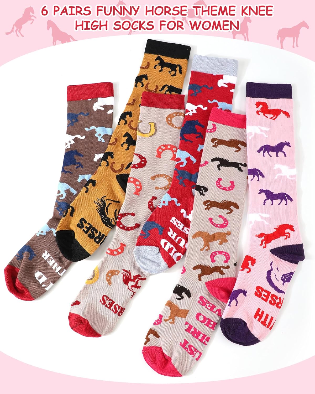 Chuarry 6 Pairs Funny Equestrian Socks for Women Knee High Horse Riding Western Boot Socks for Derby Lover Gifts Party Favors - Image 4