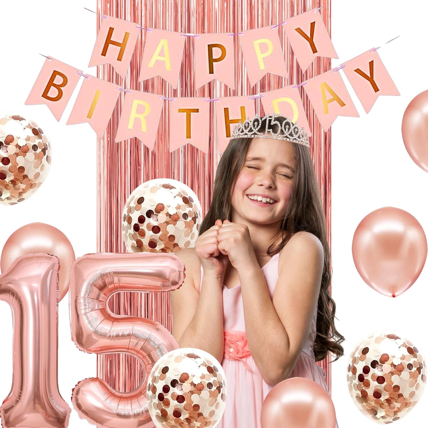 15th Birthday Decorations for Girls,Banner,Backdrop, it’s my 15th Birthday Sash, Sweet Rhinestone Tiara Crown,Balloons - Image 6