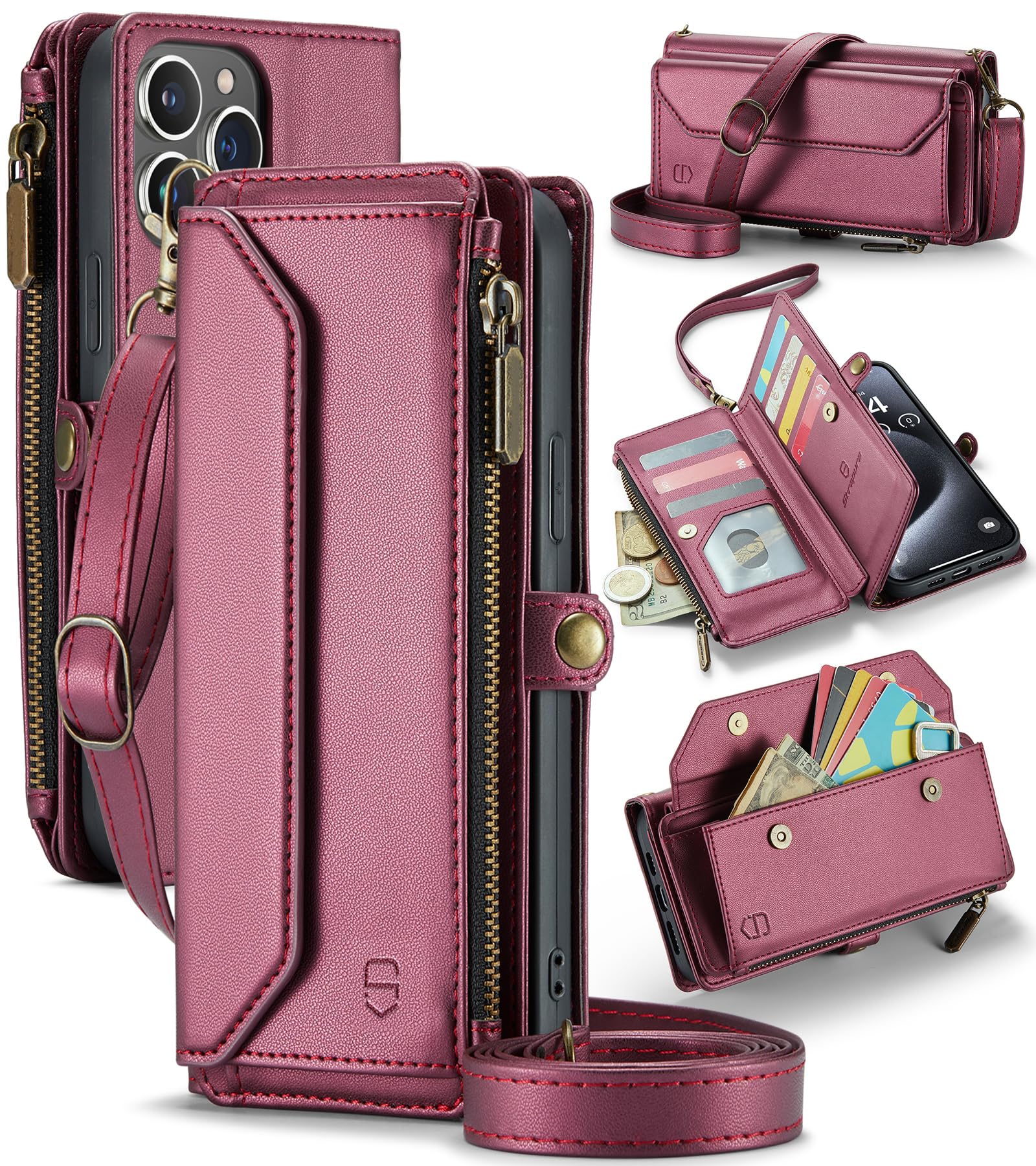 Strapurs Crossbody for iPhone 15 Pro Max Case Wallet?RFID Blocking?with 10-Card Holder Zipper Bills Slot, Soft PU Leather Magnetic Shoulder Wrist Strap for iPhone 15 Pro Max Wallet Case Women,WineRed