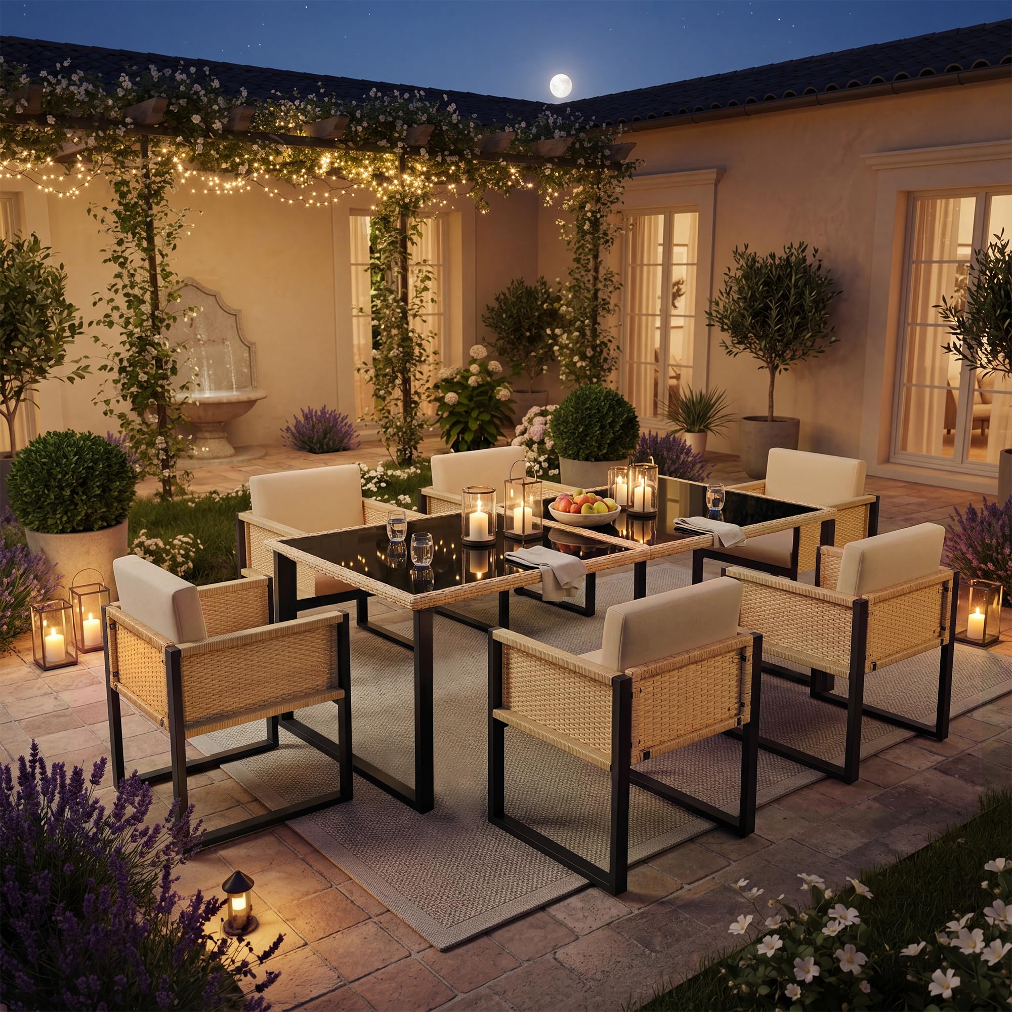 Table et Chaise de Jardin Exterieur 6 Personnes–Ensemble Repas avec Plateau Verre et Coussins Déhoussables–Structure Acier Anti-Rouille,Rotin Tressé – Idéal pour Terrasse et Jardin (Brown Noir)