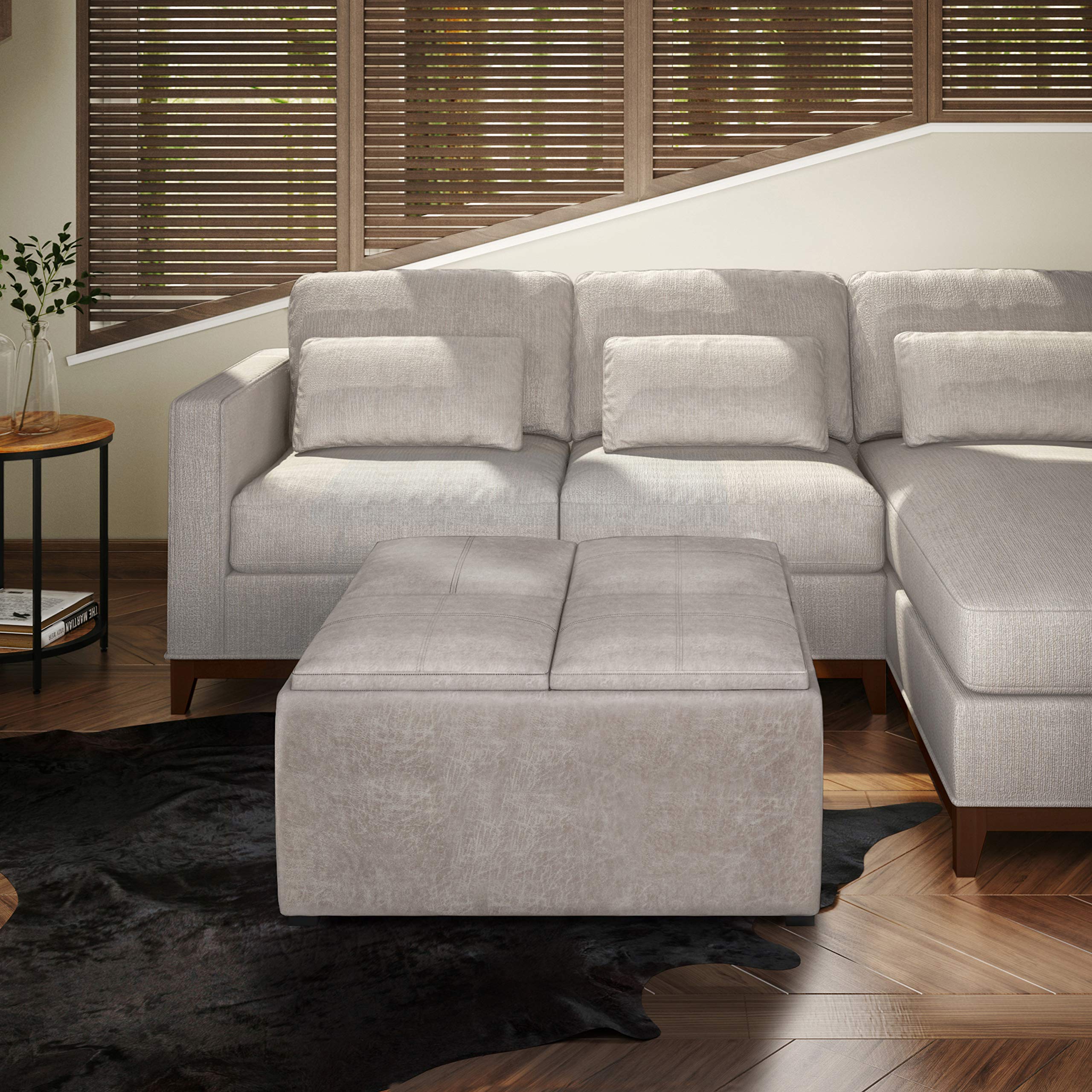 SIMPLIHOME Avalon 35 inch Wide Contemporary Square Coffee Table Storage Ottoman in Distressed Grey Taupe Vegan Faux Leather for the Living Room and Bedroom