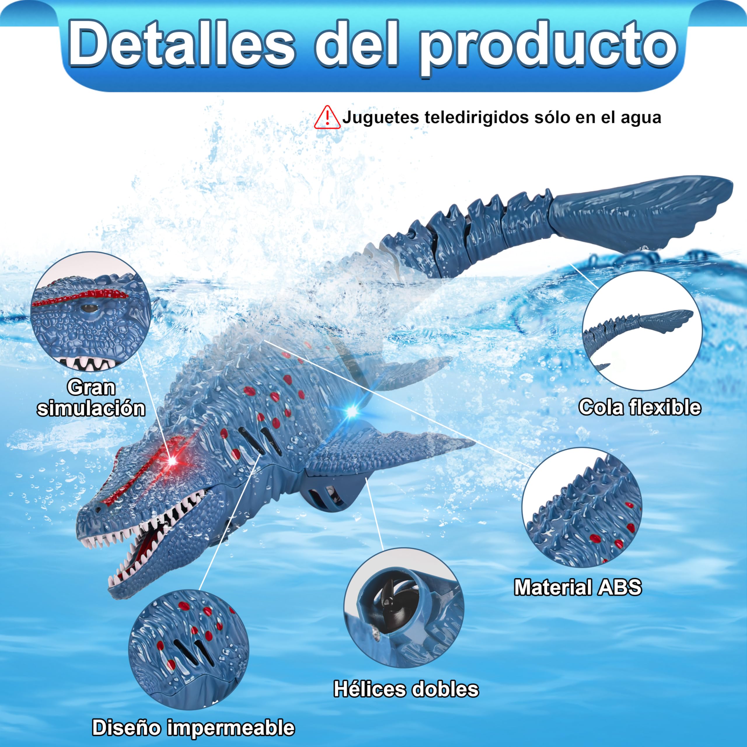 IEEILULU Barcos Teledirigido RC Mosasauru, 2.4GHz Barco Tiburón Dinosaurio Eléctrico con Luces y USB, Juguete Acuático Teledirigido, Regalo para Niños Mayores de 8+ Años Piscina y Lagos (Azul)