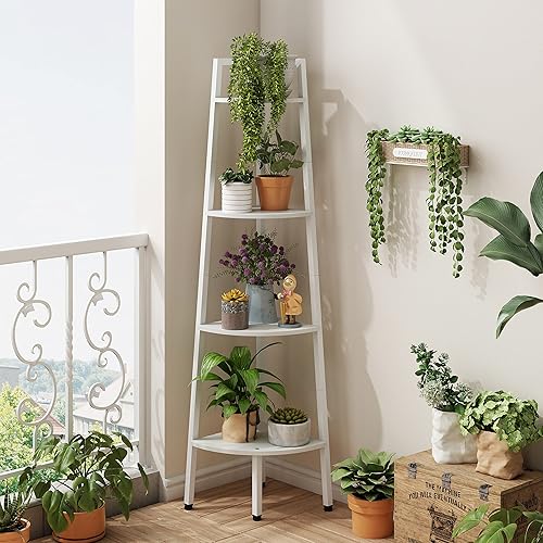 Miniatura 9 de Hoctieon Estante esquinero, estantería de esquina de 4 niveles, estante rústico de escalera de esquina, estante de exhibición industrial para sala