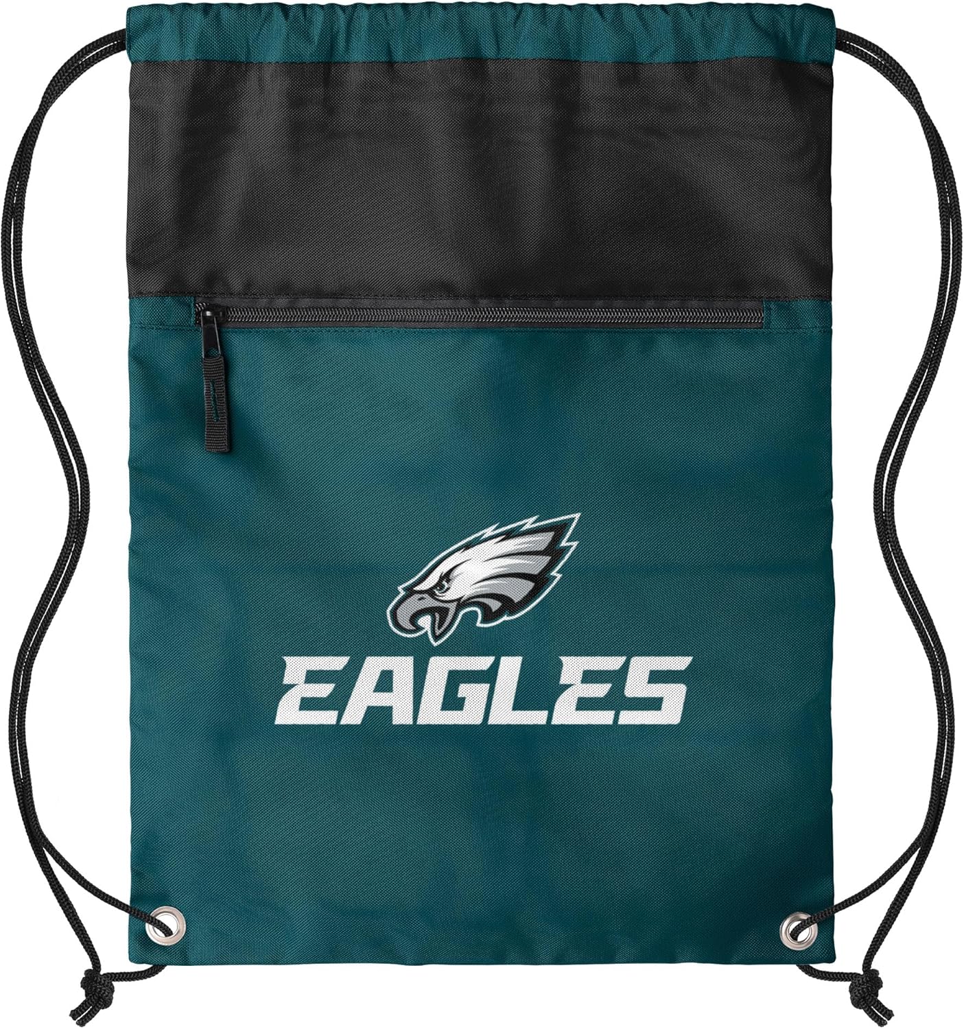 FOCO NFL Officially Licensed Unisex Team Color Football Primary Logo Wordmark Drawstring Backpack With Zippered Pocket - Philadelphia Eagles