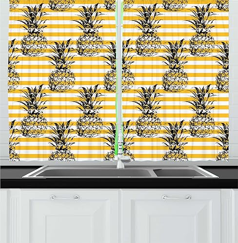 Miniatura 22 de Lunarable Cortinas de cocina mostaza, piñas tropicales sobre líneas amarillas horizontales a rayas amarillas, diseño de humor de fruta fresca, juego