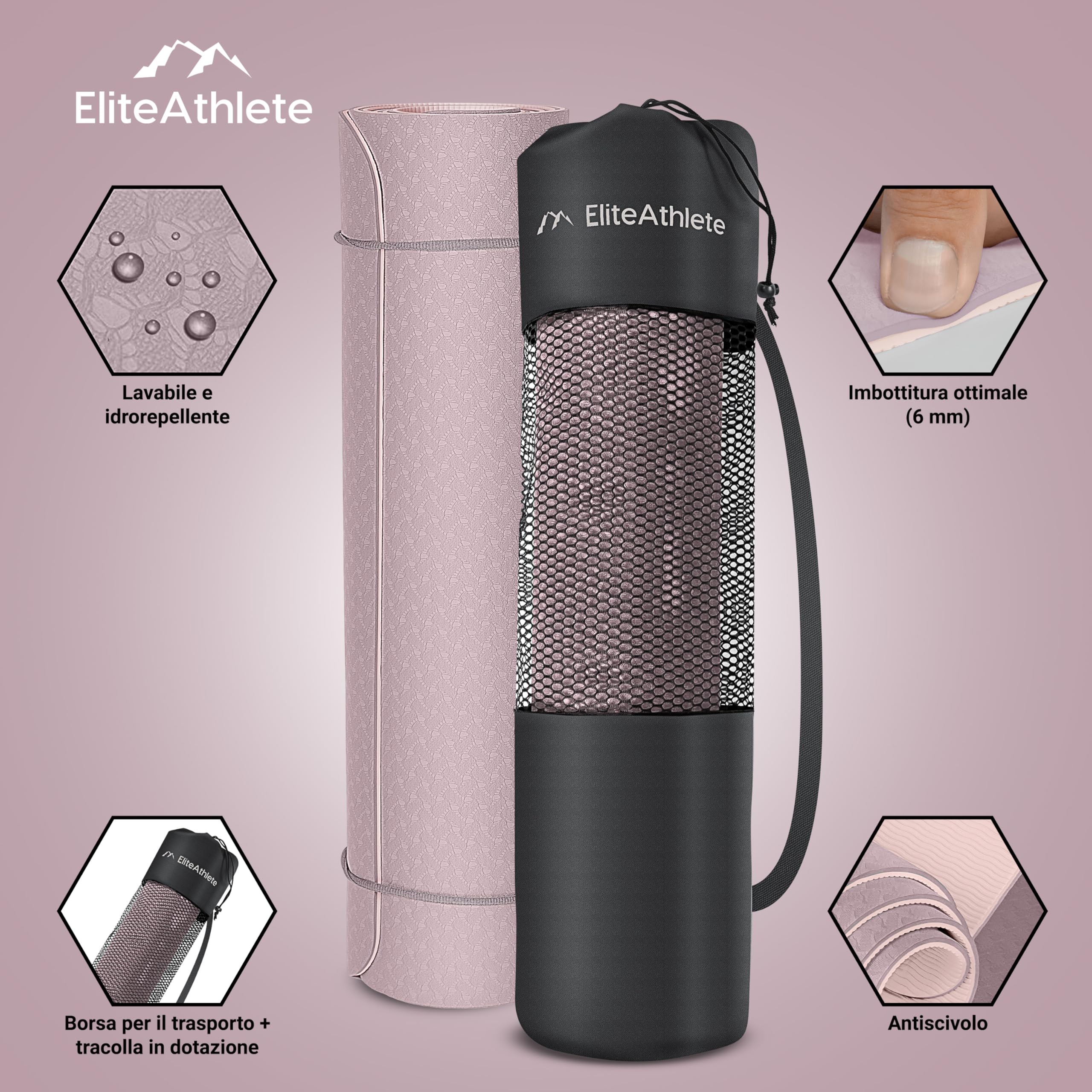 EliteAthlete Tappetino Yoga - Tappetino Palestra - Tappetino fitness - Yoga Mat antiscivolo fitness pilates - 183 x 61 x 0,6 cm - Tappetino esercizi incl. cinghia di trasporto + borsa