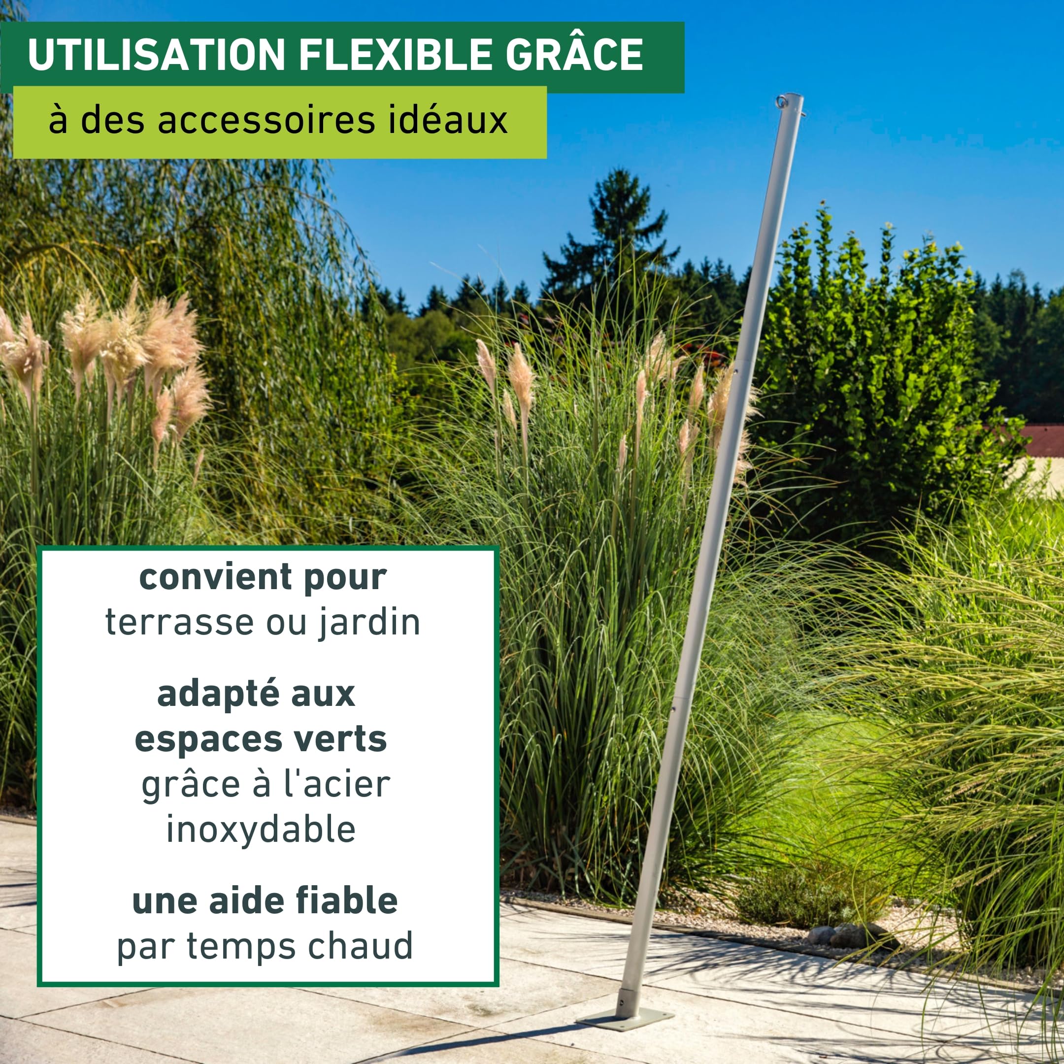 Windhager mât de voile solaire - poteau de voile d'ombrage - mât en acier - barre de support - inoxydable - hauteur de mât max. 243 cm