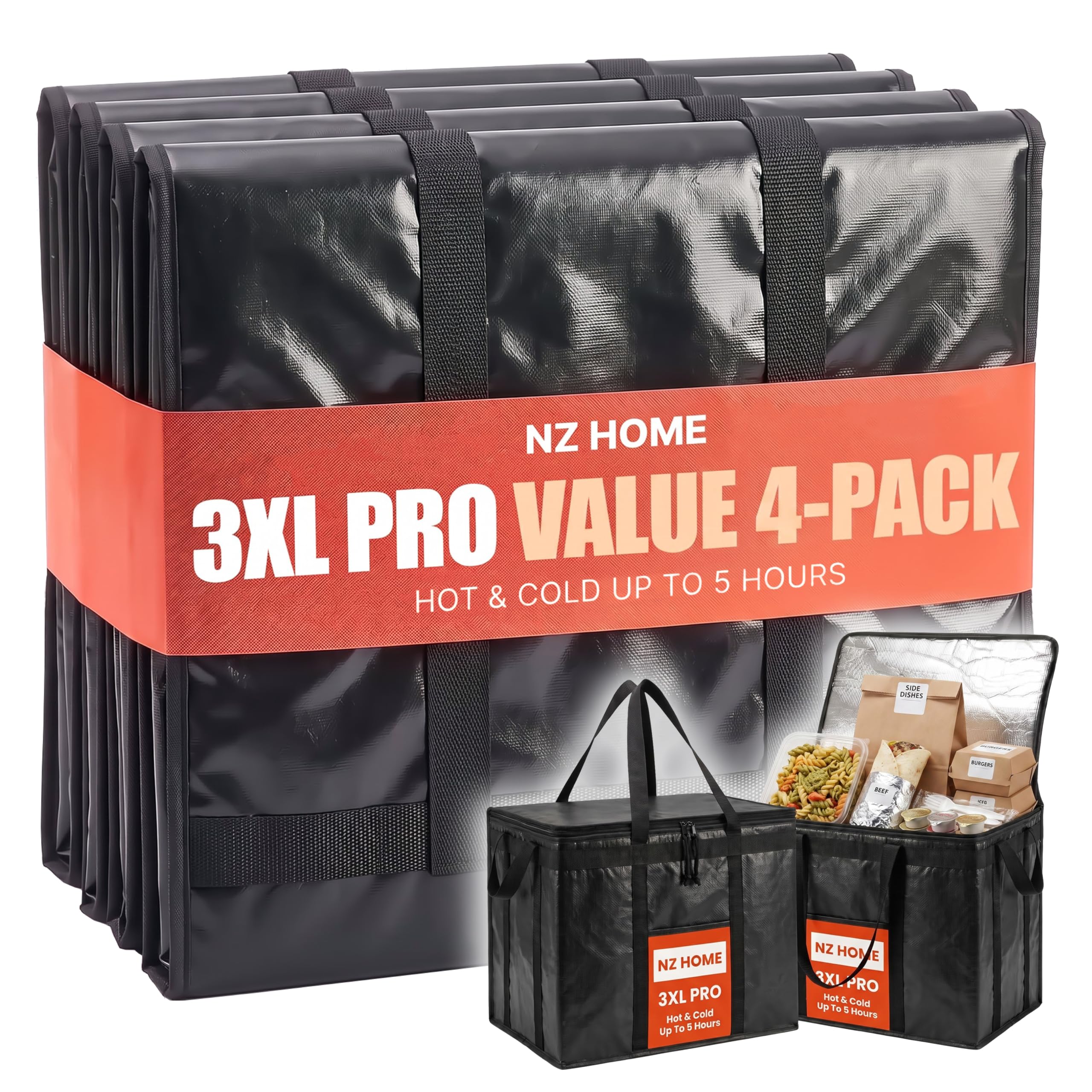 NZ home PRO Large Insulated Food Delivery Bag (3XL, Black, 4 Pack)