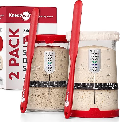 KNEADACE Pro - Kit de inicio de masa madre Tarro de fermentación de vidrio de gran capacidad de 34 onzas con tapa y rastreador, fermentador básico