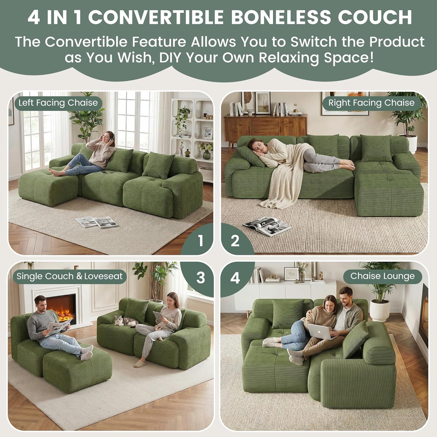 104" Boneless Couch with Ottoman, Upholstered Flexible Modular Sectional Sofa Cloud Couch with Deep Seat & Pillows for Small Spaces, Boneless Couches for Living Room, No Assembly Required, Green