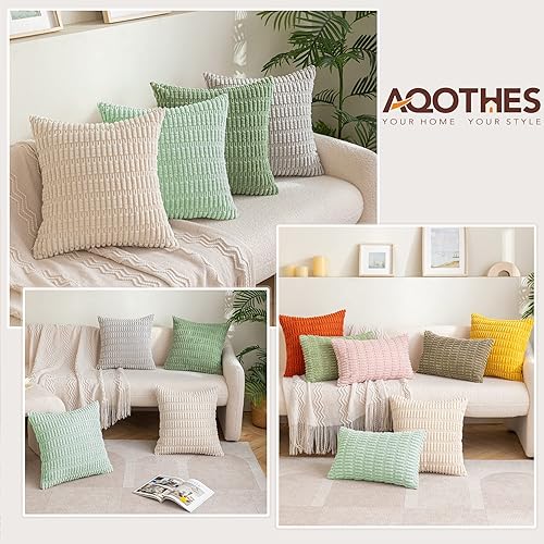 Miniatura 4 de AQOTHES Paquete de 2 fundas de almohada decorativas de color gris claro primaveral de 12 x 20 pulgadas, fundas de cojín lumbar de pana a rayas para