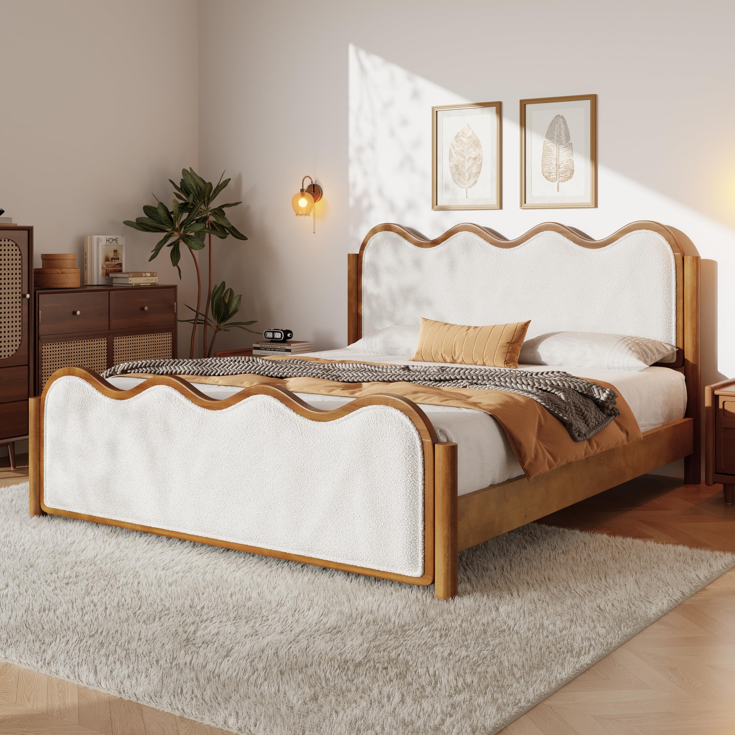 Merax Full Size Platform Bed, Mid-Century Modern Boucle Upholstered Bed Frame with Wavy Curved Headboard, Solid Bedframe Full-Size, Wood Slat Support,