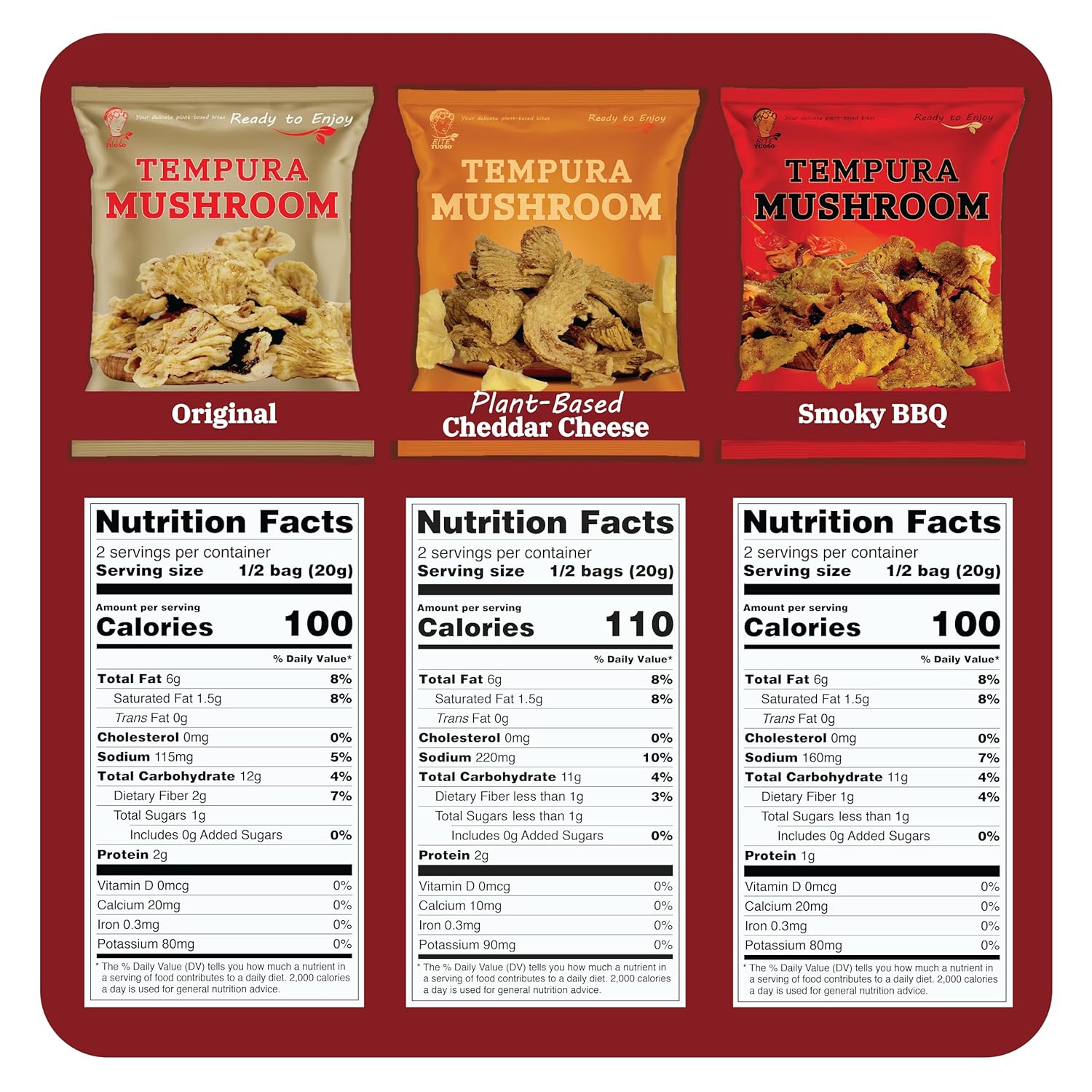 BITETUOSO Tempura Mushroom Chips, Tempura-Style Mushroom Snack, Ready-to-Eat Crispy Oyster Mushrooms, Plant-Based Crispy Snack, Original BBQ Plant-Based Cheddar Variety Pack, Individually Wrapped 1.41oz (6 Pack)