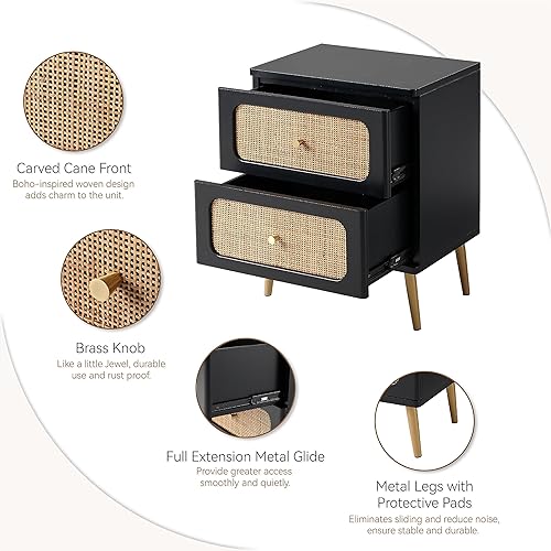 Miniatura 5 de LONYKE Juego de 2 mesitas de noche de mimbre de ratán, mesa auxiliar de 2 cajones con acabado negro para espacios pequeños, moderna mesita de noche