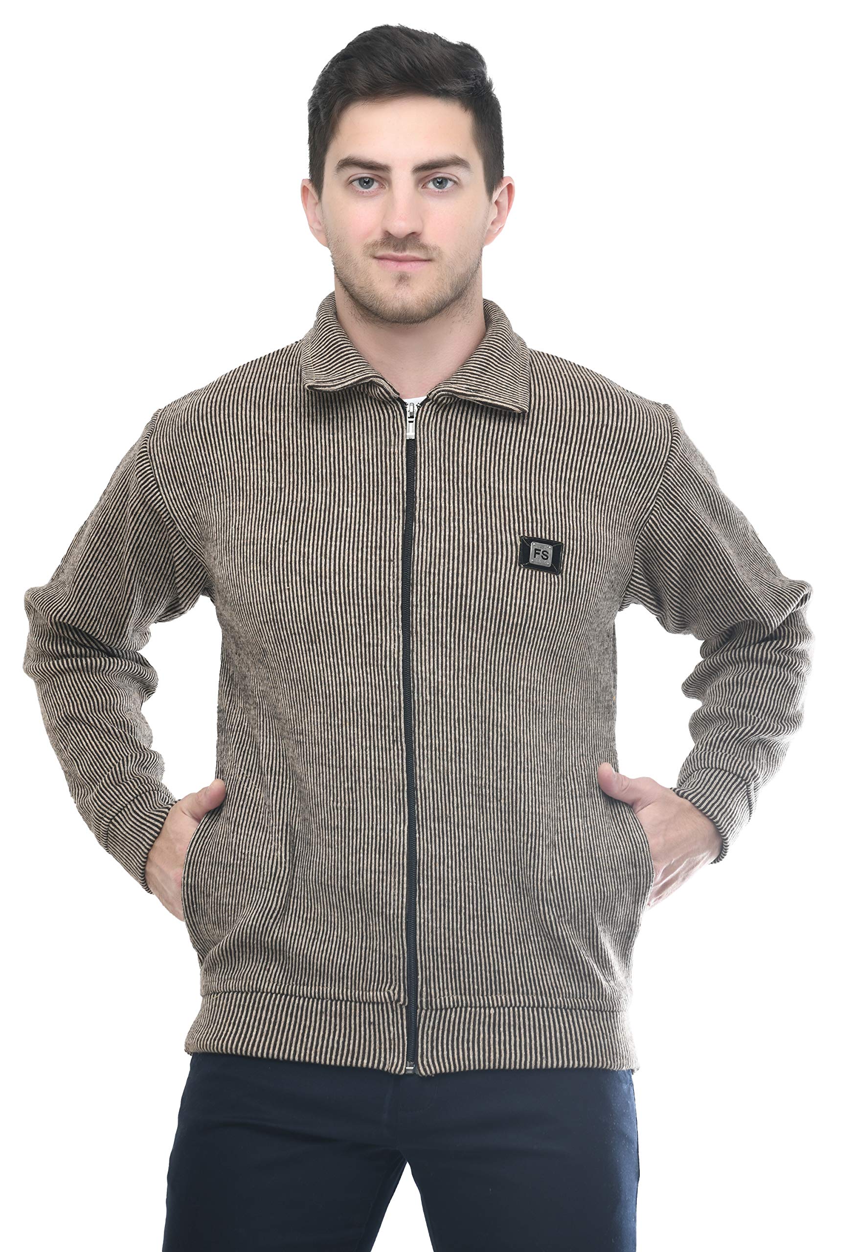 Men Zipper Thick Fabric Woolen Winterwear Full Sleeve Collar Zip with Side Pockets Jacket/Sweater Brown-image-3
