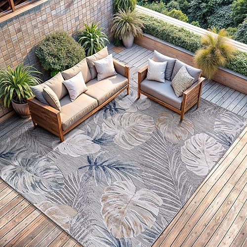 CAMILSON Alfombra para Interiores y Exteriores, Alfombras de Área Azules 5x7 con Hojas Tropicales Botánicas para Patios Interiores y Exteriores,