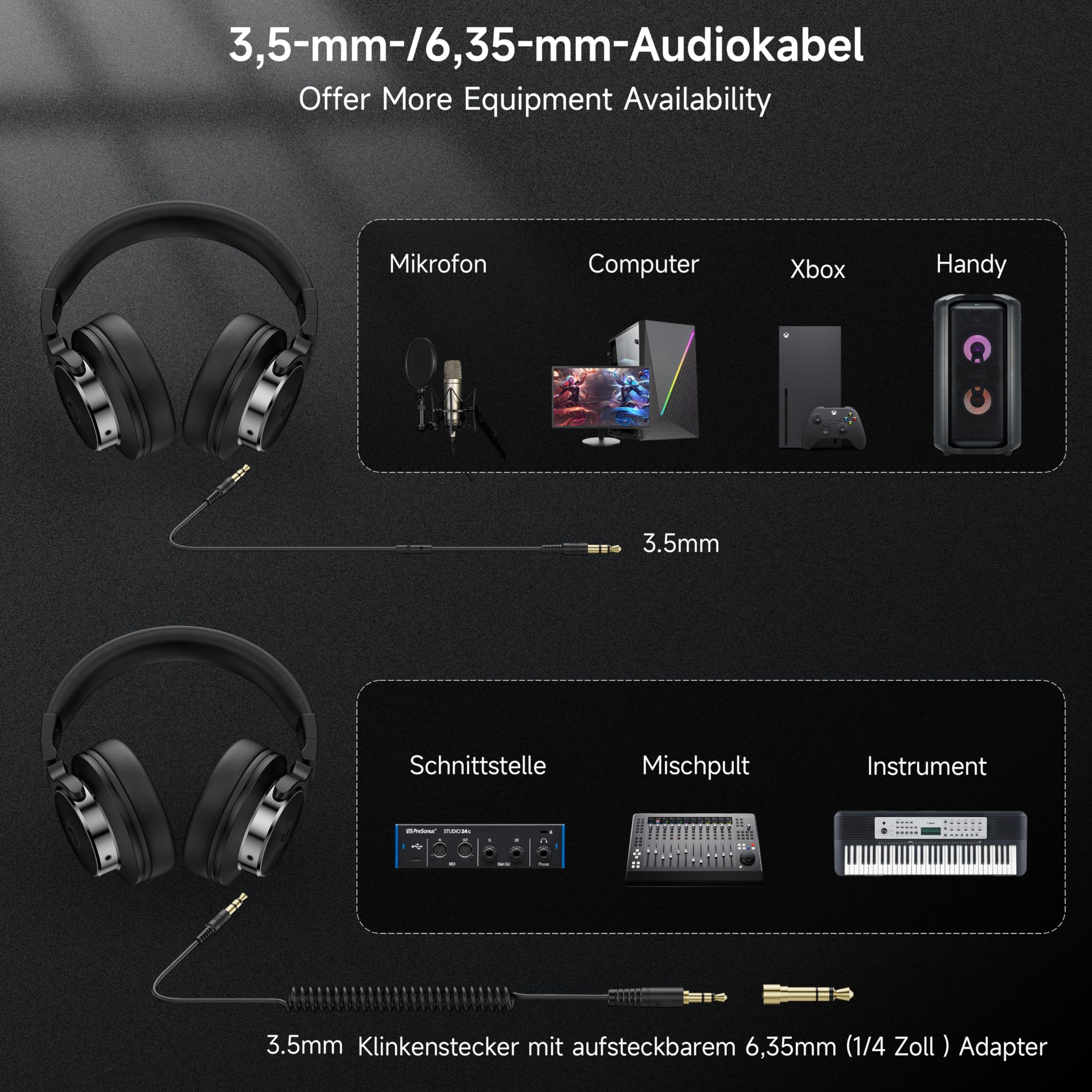 syndesmos Over Ear Kopfhörer mit Kabel, 50mm Treiber DJ Kopfhörer Professionell Studio Kopfhörer 3,5mm/6,35mm Klinke Share-Port DJ Headphones für Studio, Podcast, Monitoring, PC, Handy, E-Drum Gitarre