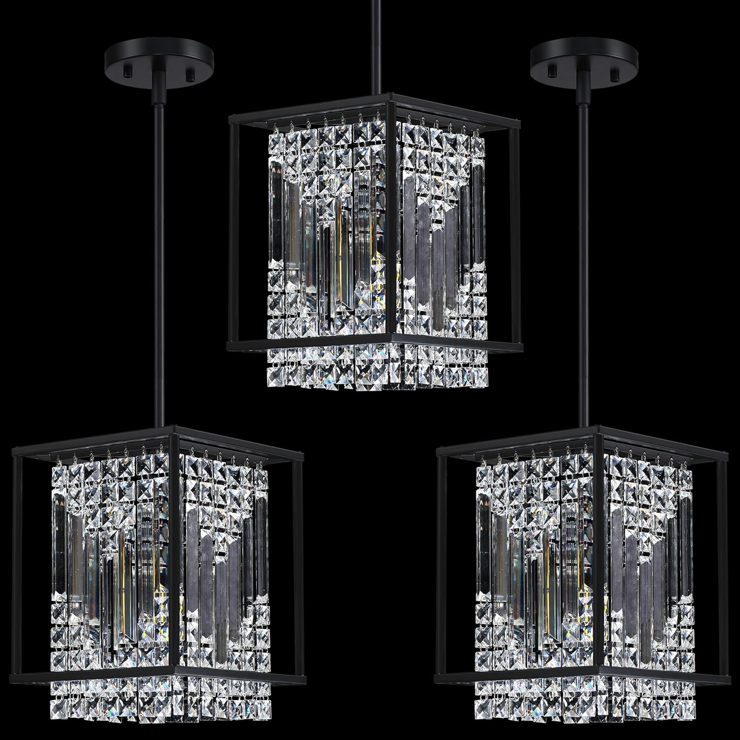 3 Pack 1 Light Hanging Kitchen Island 9" Crystal Shade Modern Pendant Light Fixture,Black Finish for Bar,Dining Room,Corridor,Living Room Over Sink 3 Pack 9" Crystal Shade