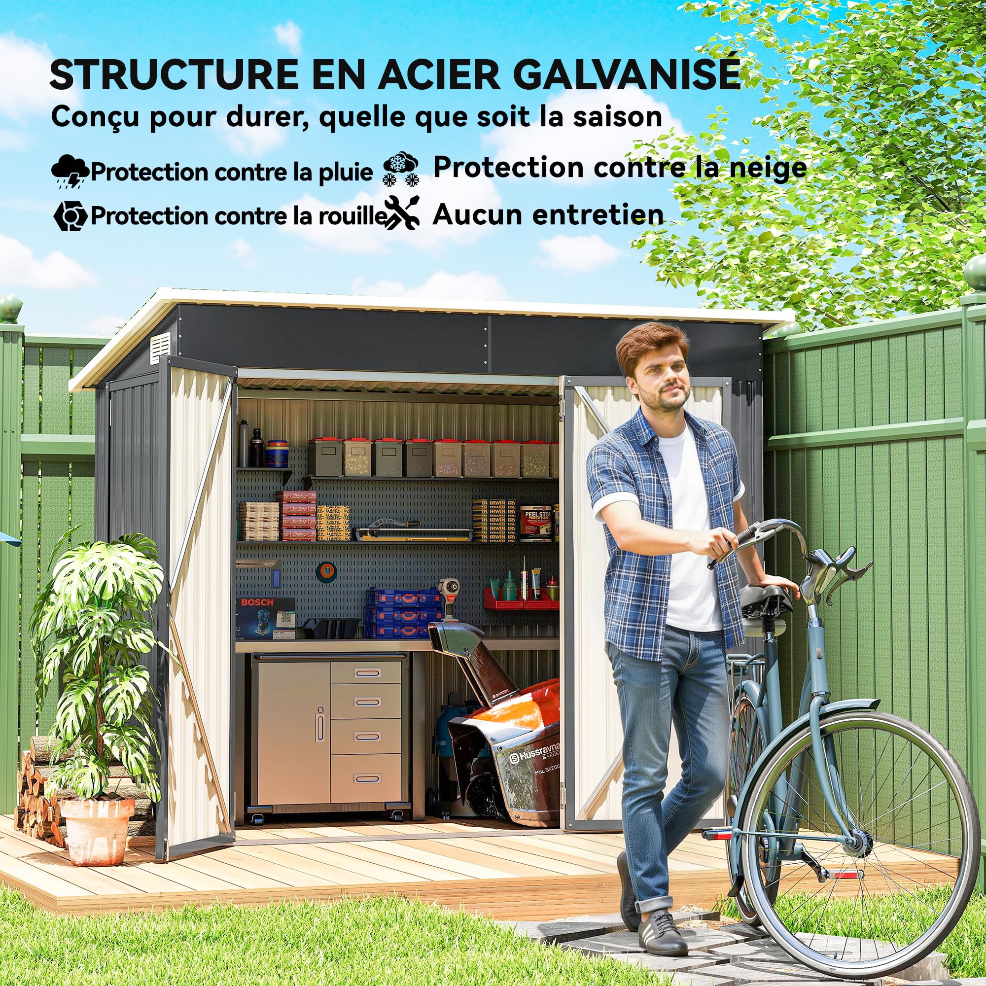 Outsunny Abri de Jardin métal 234 x 132 x 185 cm Triple Porte verrouillable Toit incliné Acier galvanisé Gris foncé